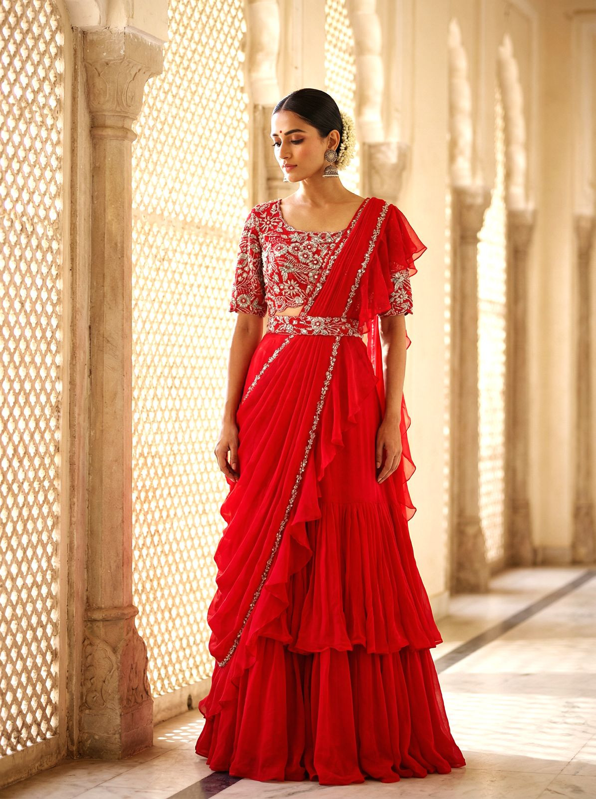 Red Ruffle Drape Saree
