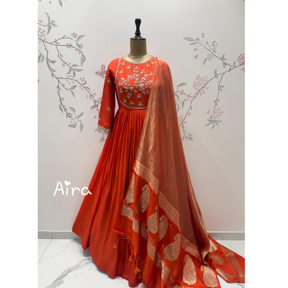 Image of Orange tissue Banaras dupatta dress