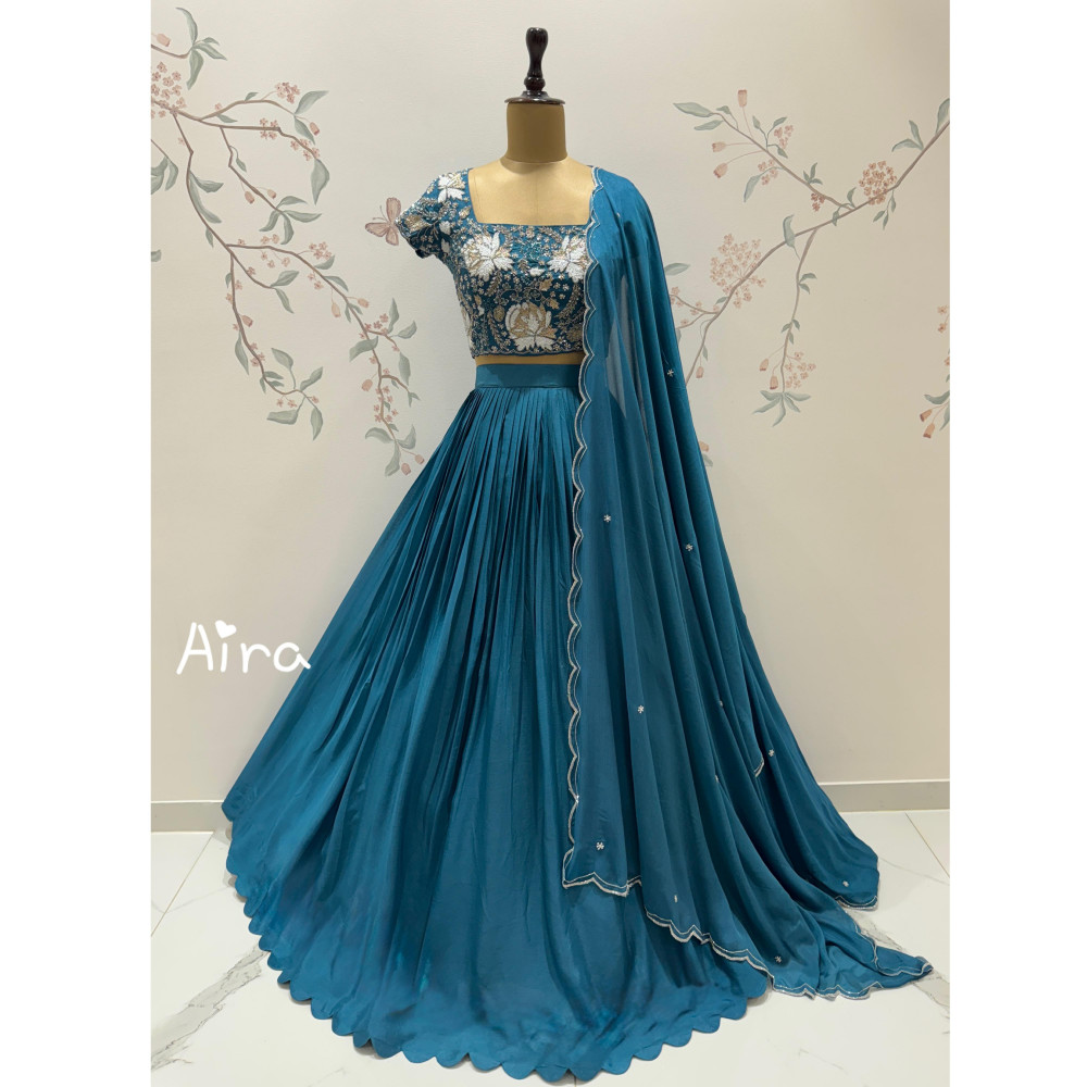 Image of Teal Blue Bloom Lehenga Set