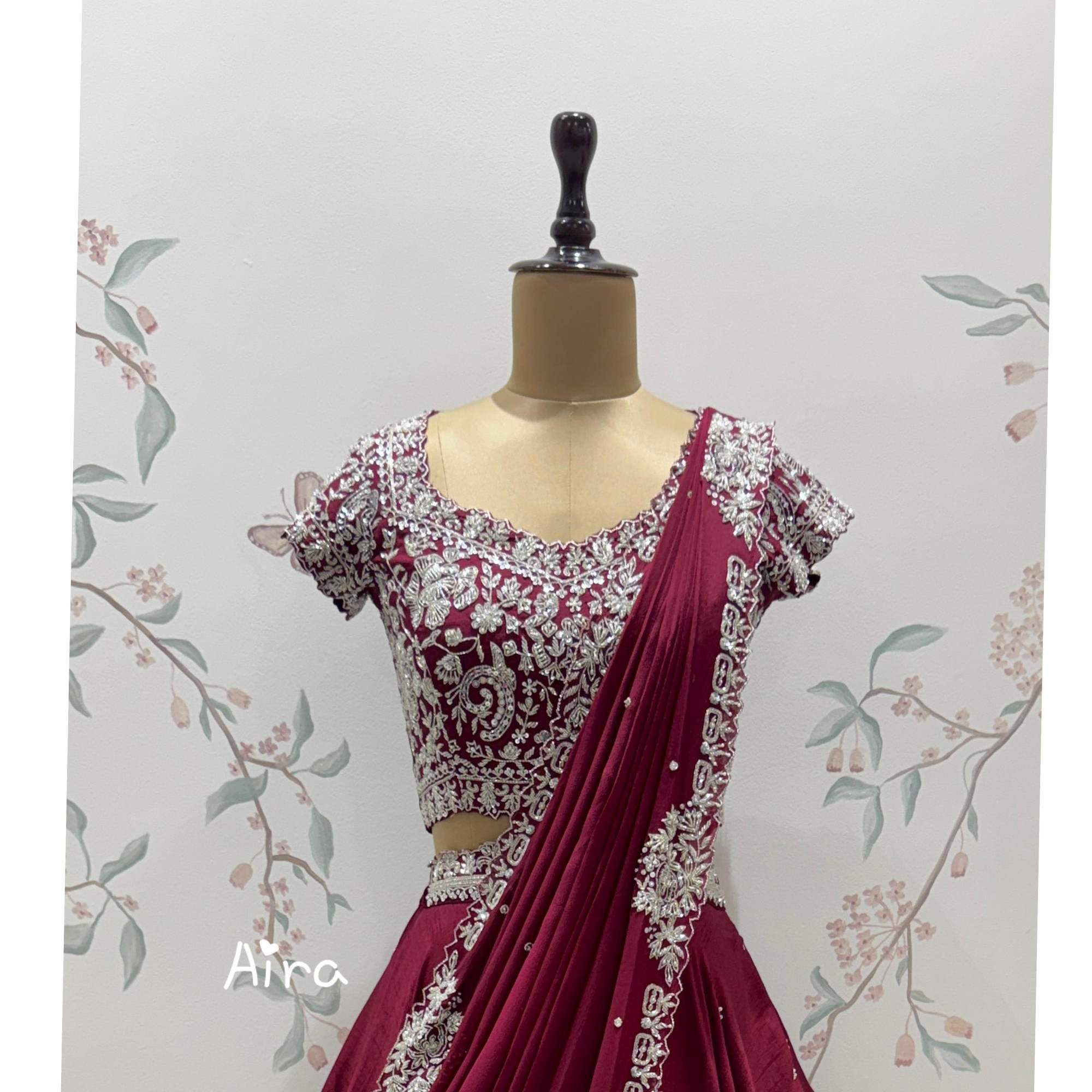 Wine Brown Hand Embroidered Lehenga