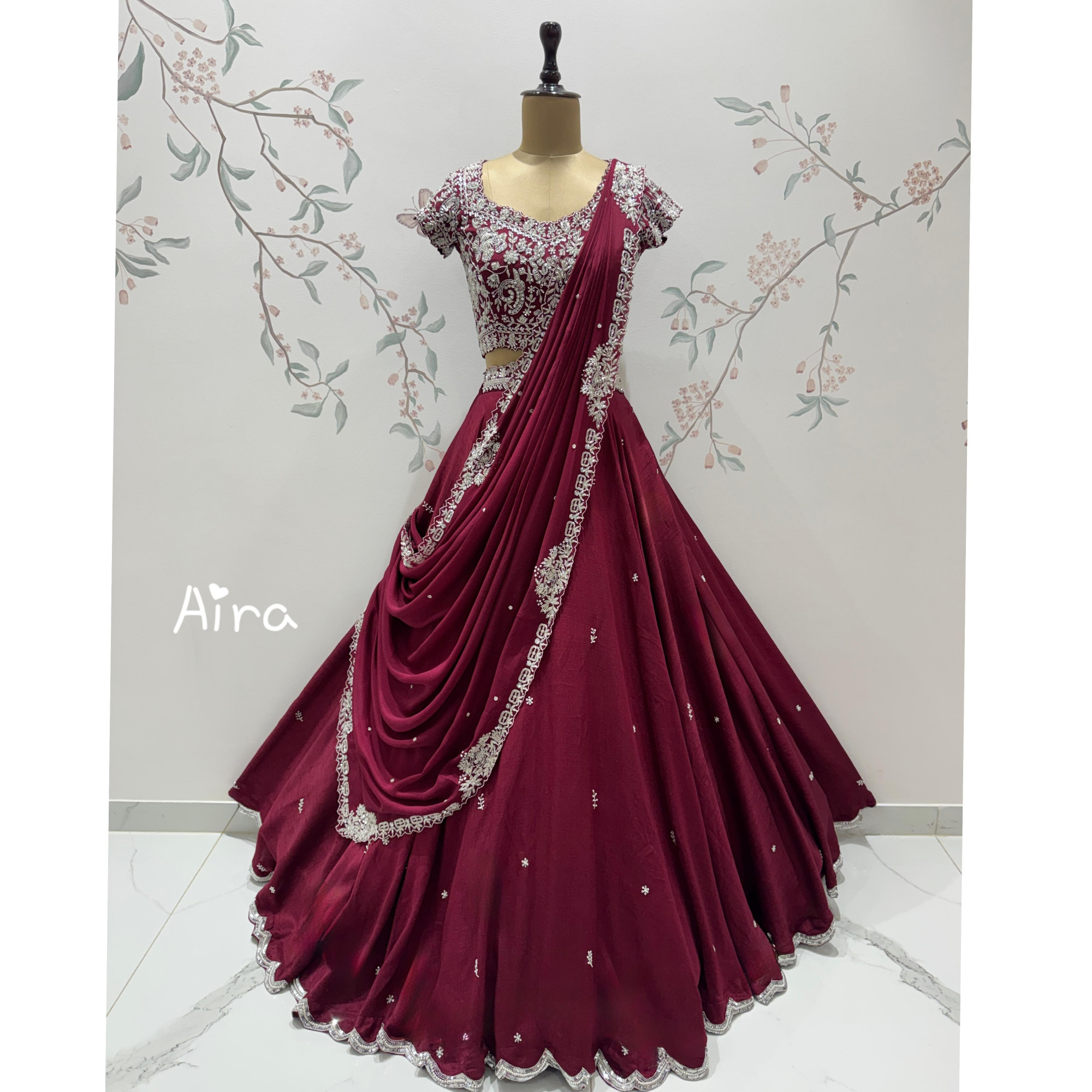 Wine Brown Hand Embroidered Lehenga