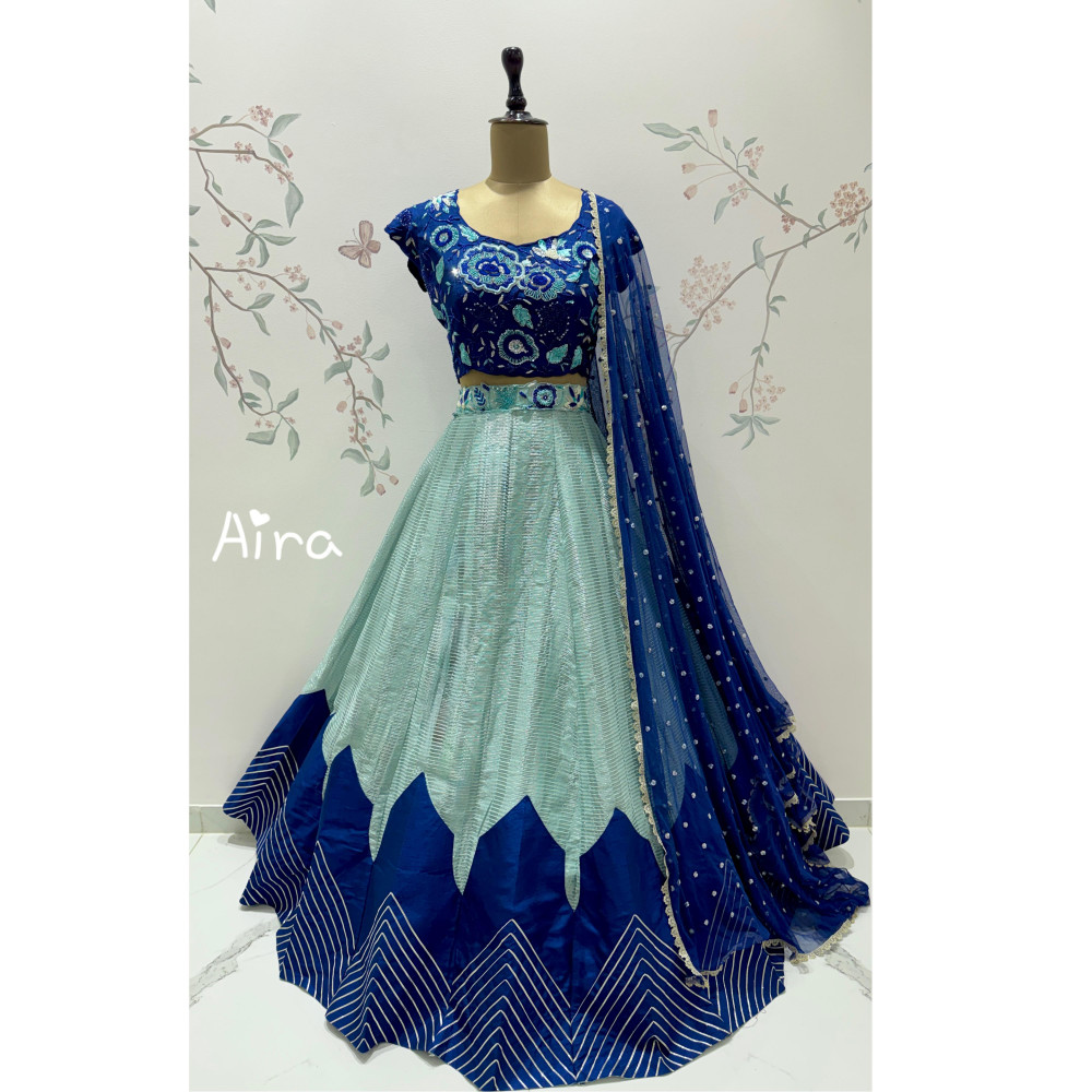 Image of Royal Blue &amp; Ice Mint Embroidered Lehenga Set