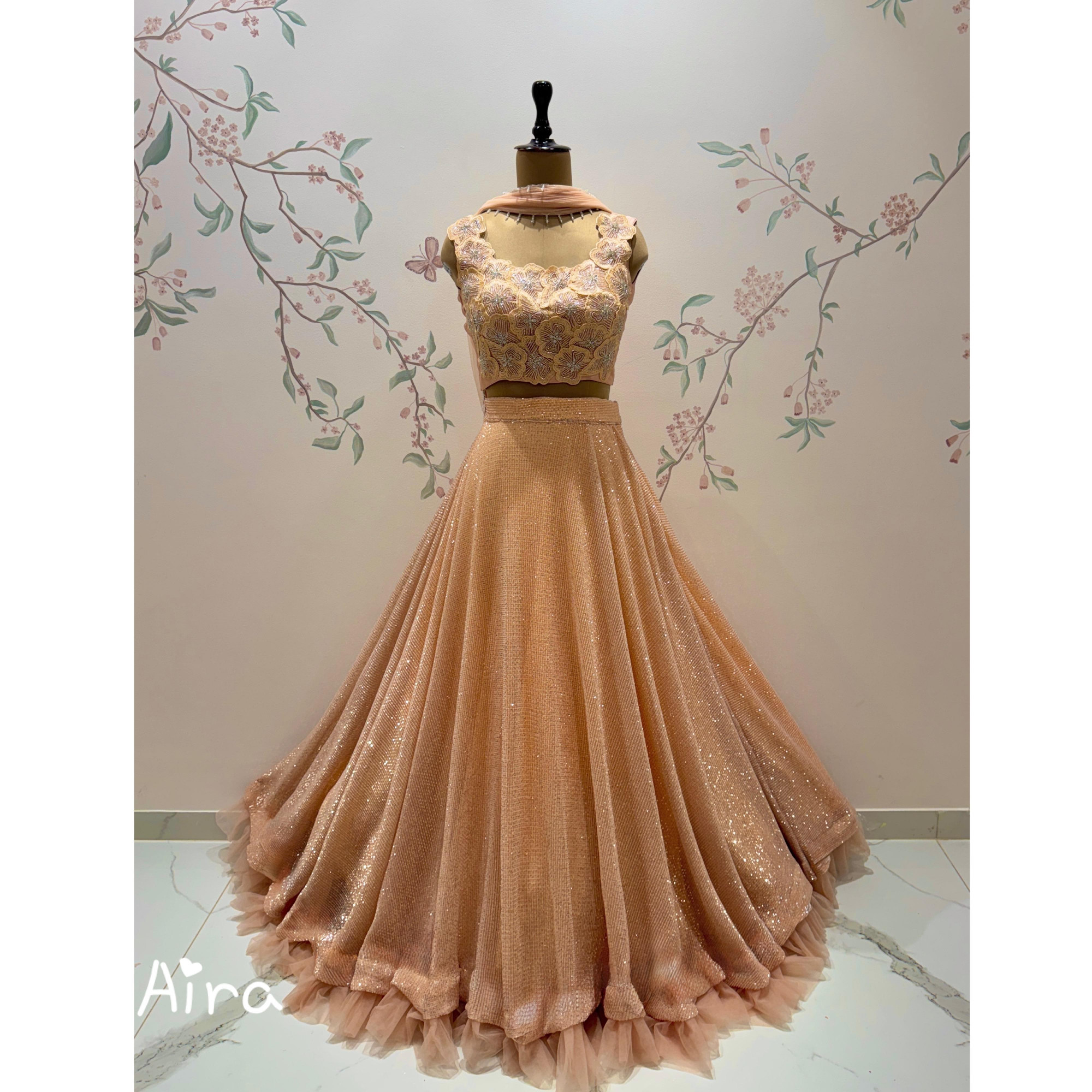 Peach 3D flowers Sequence Lehenga Set