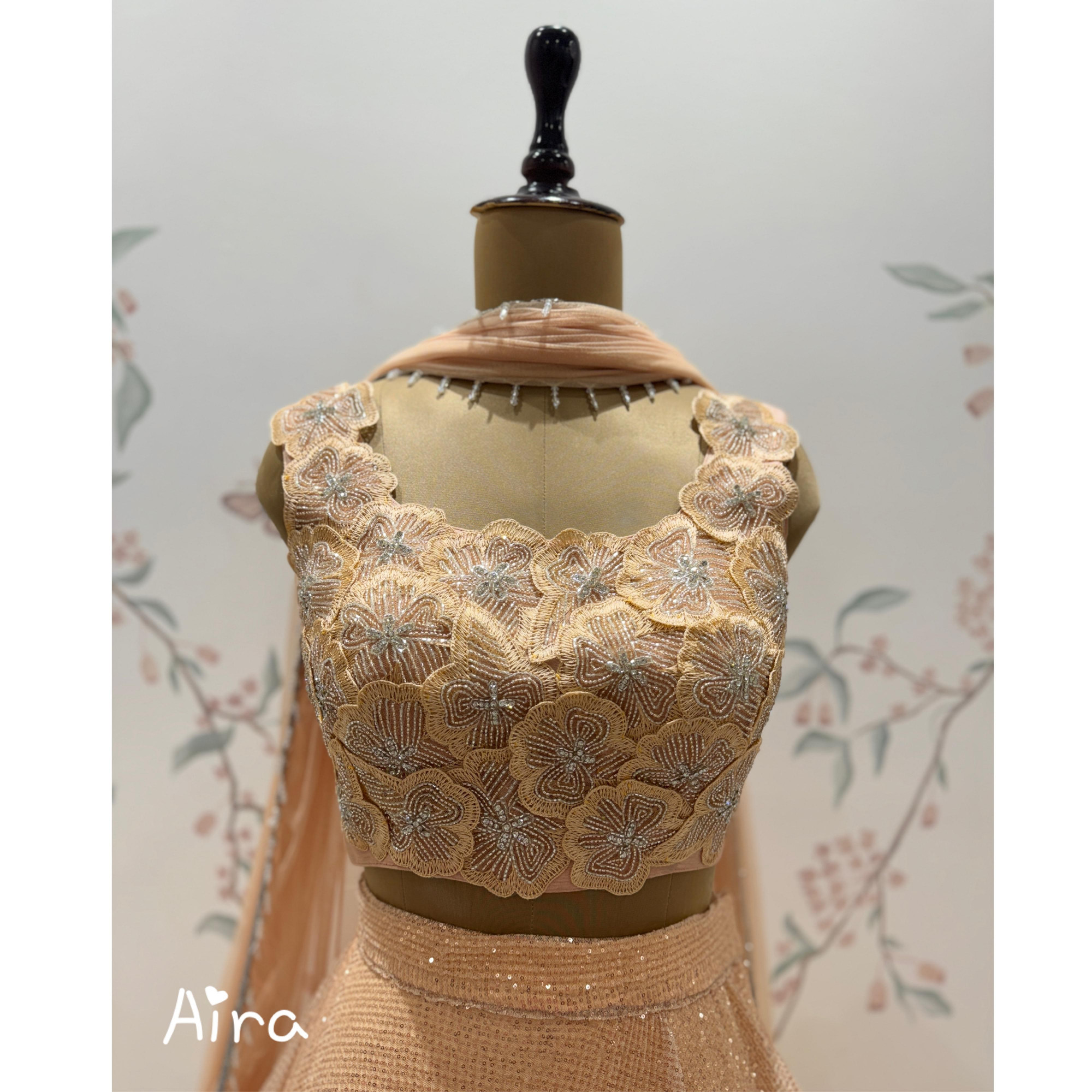 Peach 3D flowers Sequence Lehenga Set