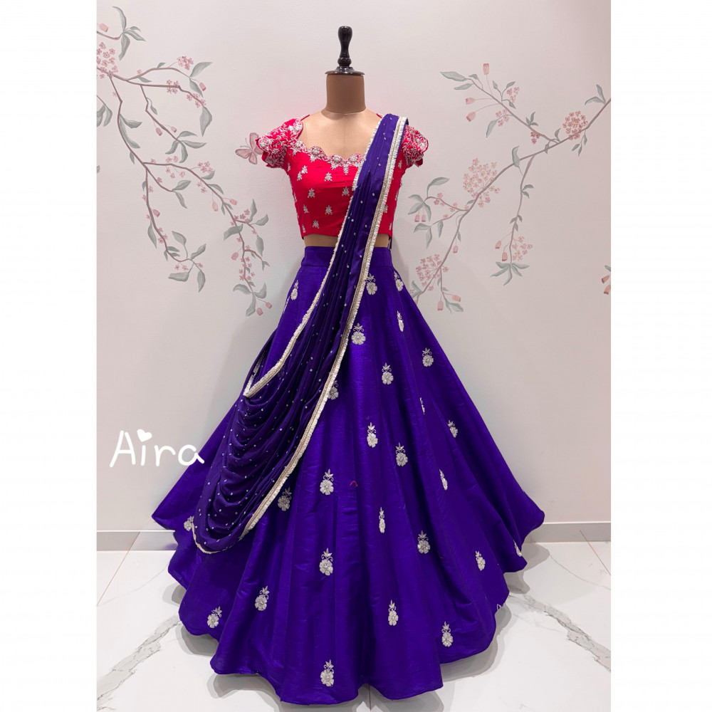 Image of Royal Purple &amp; Crimson Hand-Embroidered Lehenga Set