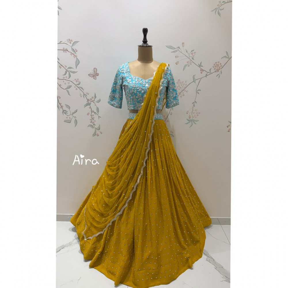 Image of Golden Sea Foam Lehenga