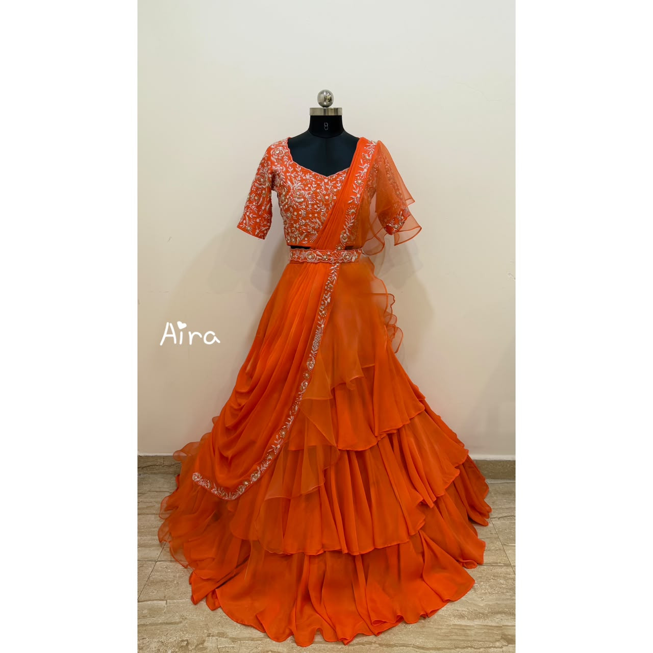 Orange Pre-Draped Layered Lehenga