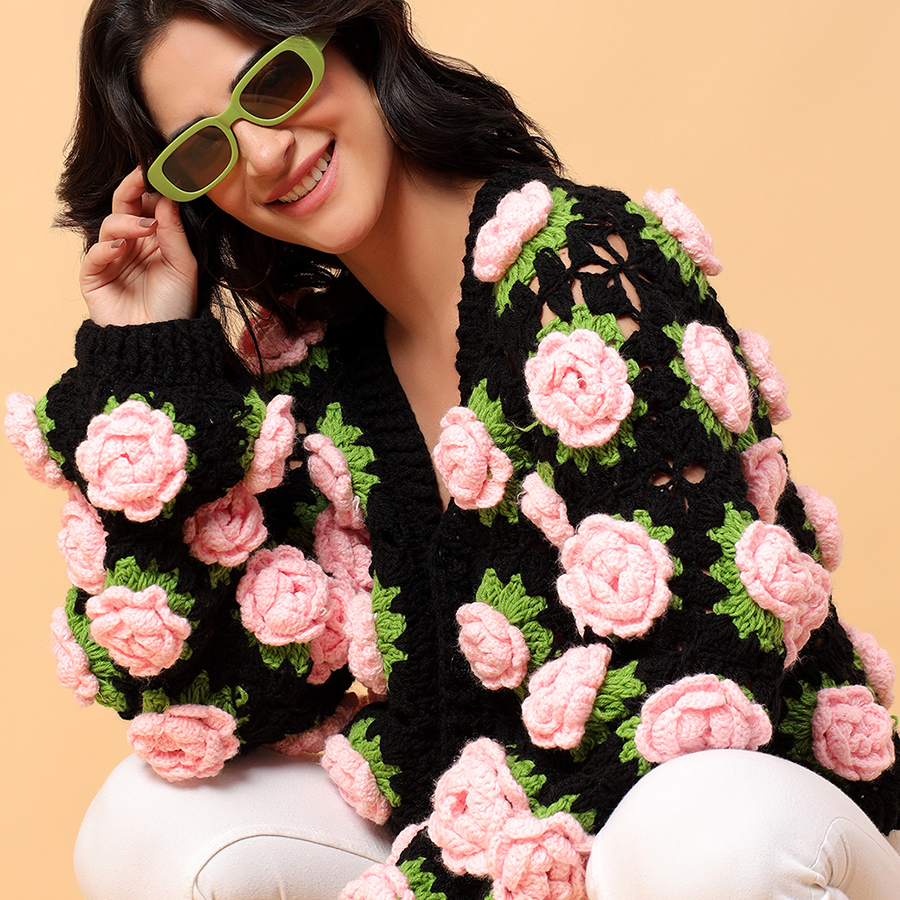 women crochet rose sweater