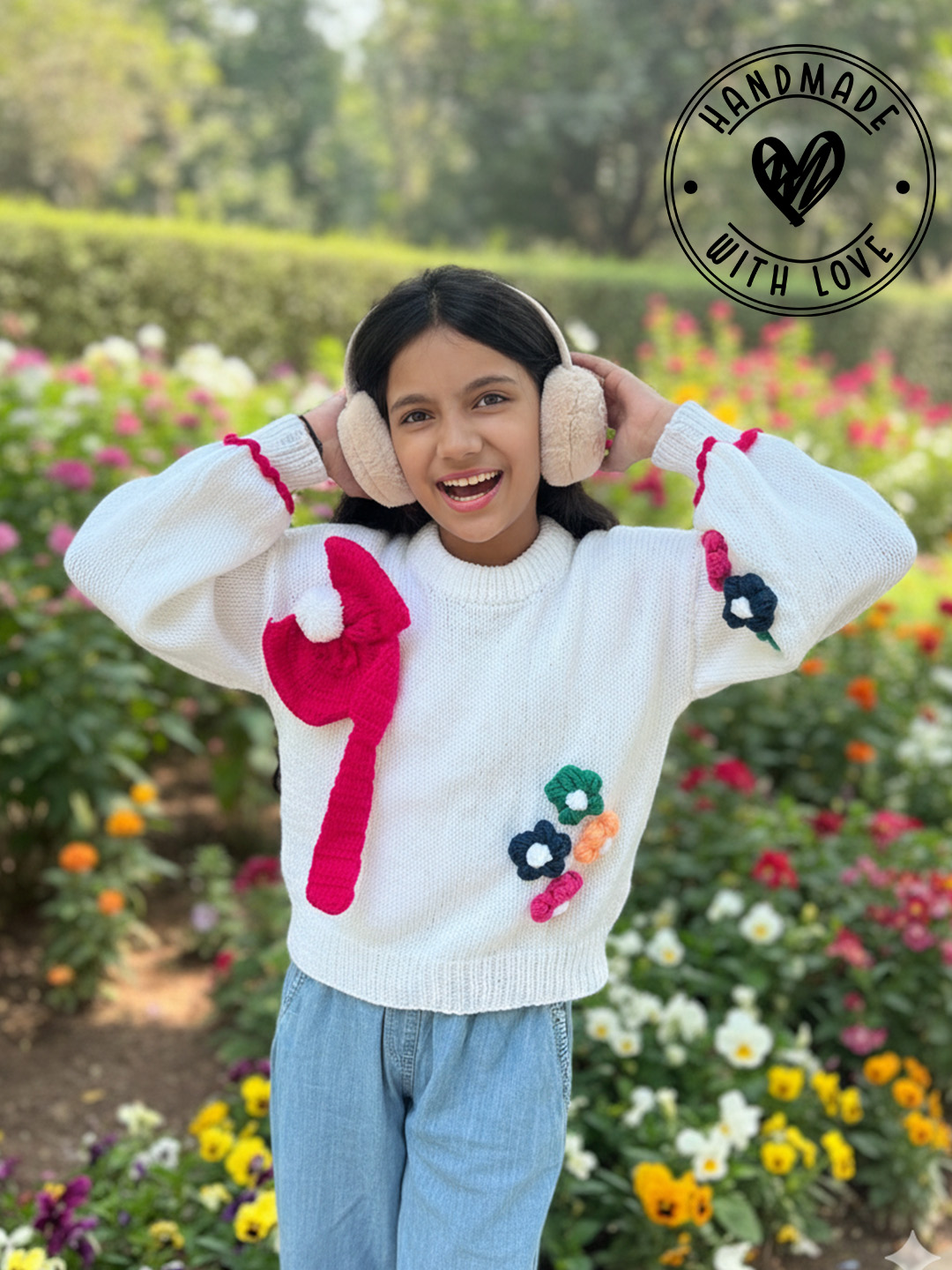 Woonie Big Bow and Floral Pullover - White