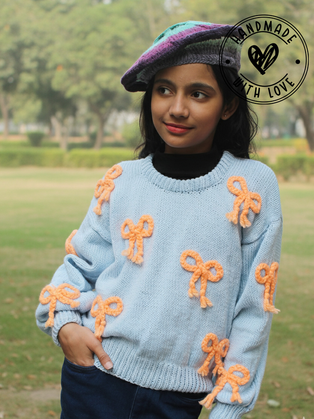 Woonie Orange Bow Pullover - Light Blue