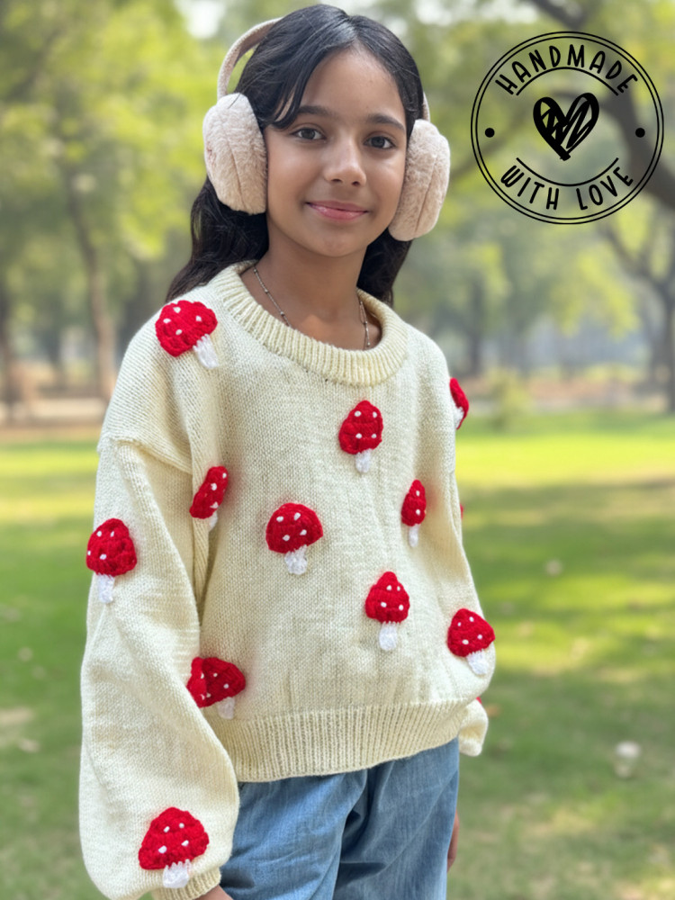 Image of Woonie Mushroom Applique Korean Style Pullover - Cream