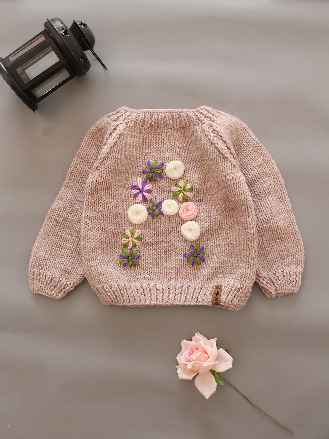 Woonie Handknitted Embroidered A Alphabet Sweater - Beige