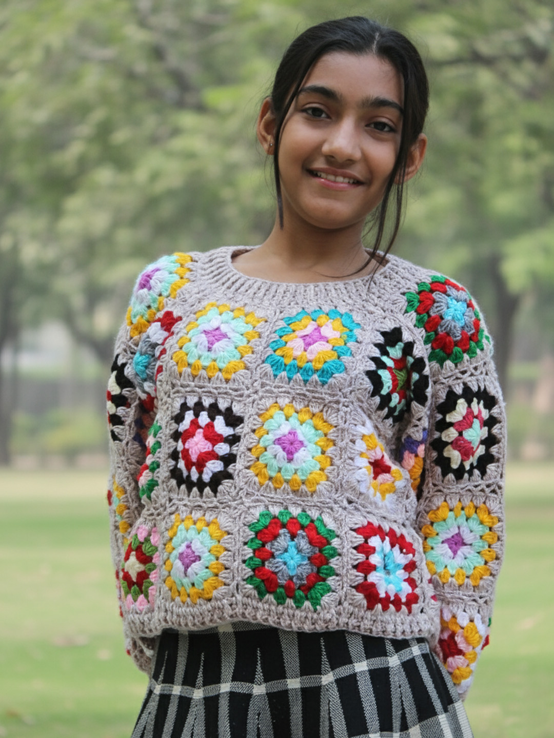 Woonie Handknitted Full Sleeves Granny Square Detailed Sweater - Beige