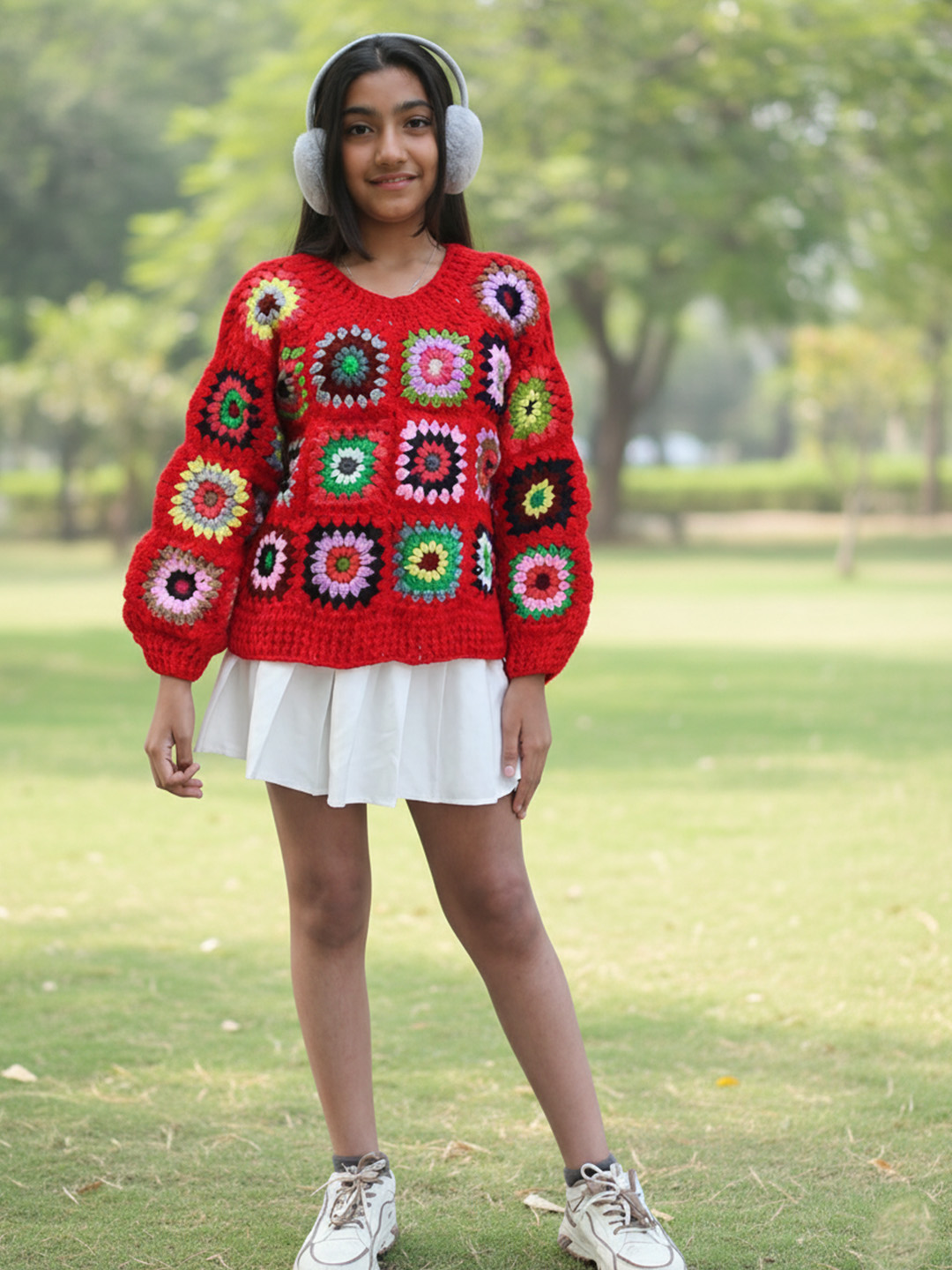 Woonie Handknitted Full Sleeves Granny Square Detailed Sweater - Red
