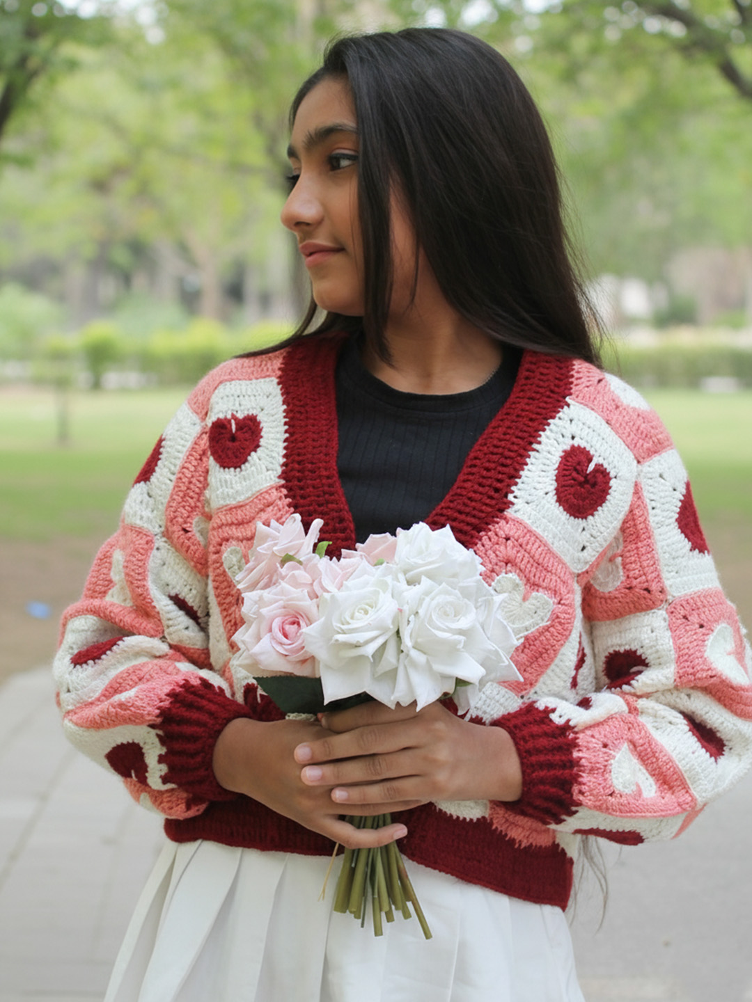 Woonie Handknitted Full Sleeves Granny Square Heart Designed Cardigan - Multicolor
