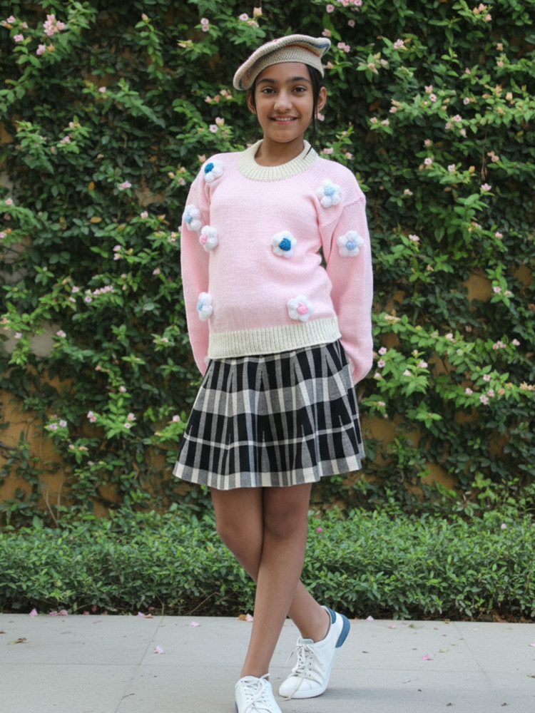 Image of Woonie Handknitted Full Sleeves 3D Floral Detailed Sweater - Pink