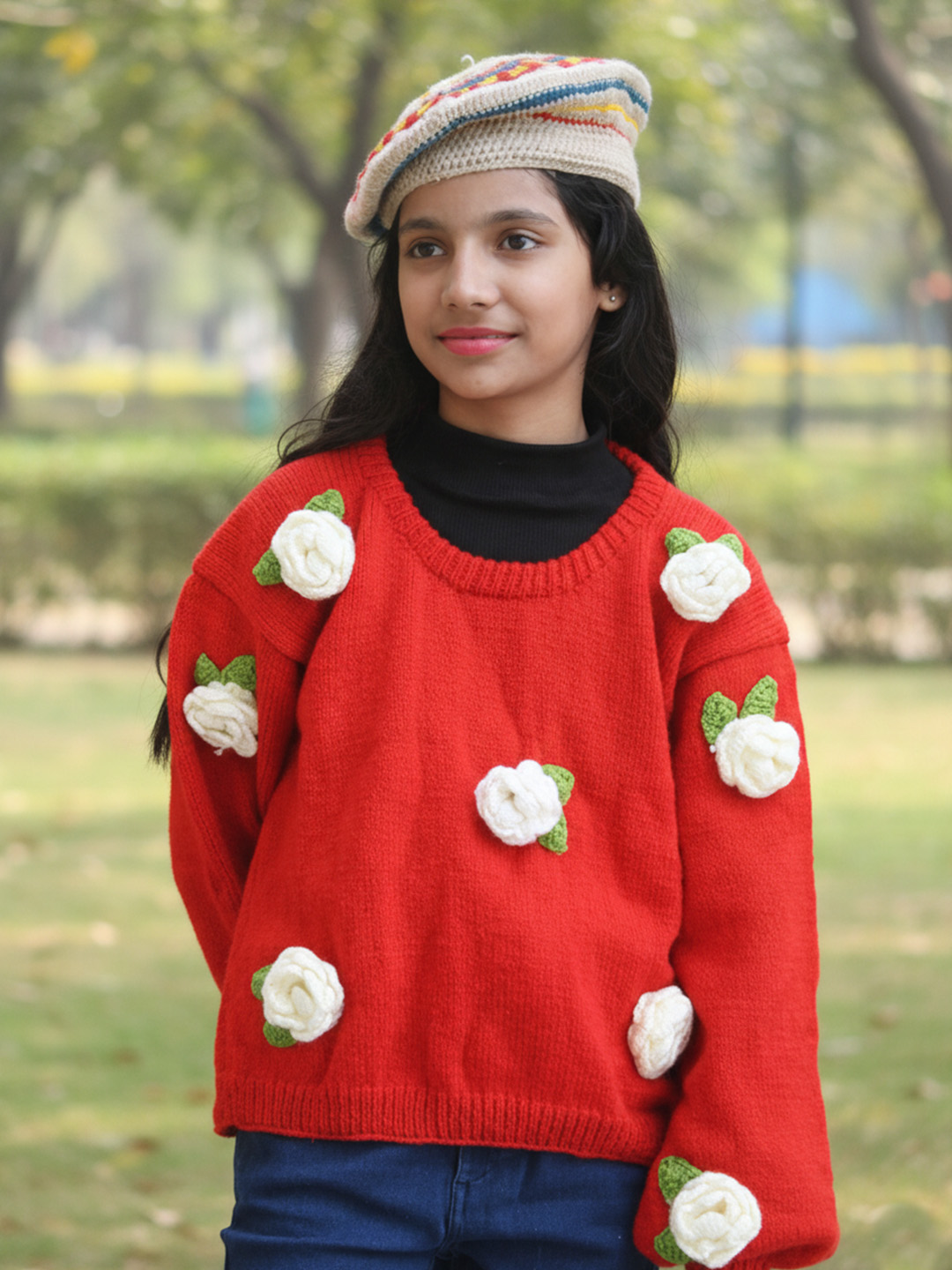 Woonie Handknitted Full Sleeves White Rose Detailed Sweater - Red