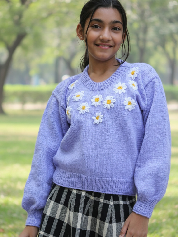 Image of Woonie Handknitted Full Sleeves Floral Embroidered Sweater - Purple