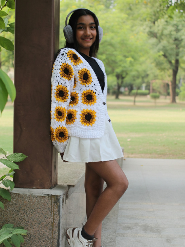 Image of Woonie Handknitted Full Sleeves Sunflower Detailed Cardigan - White