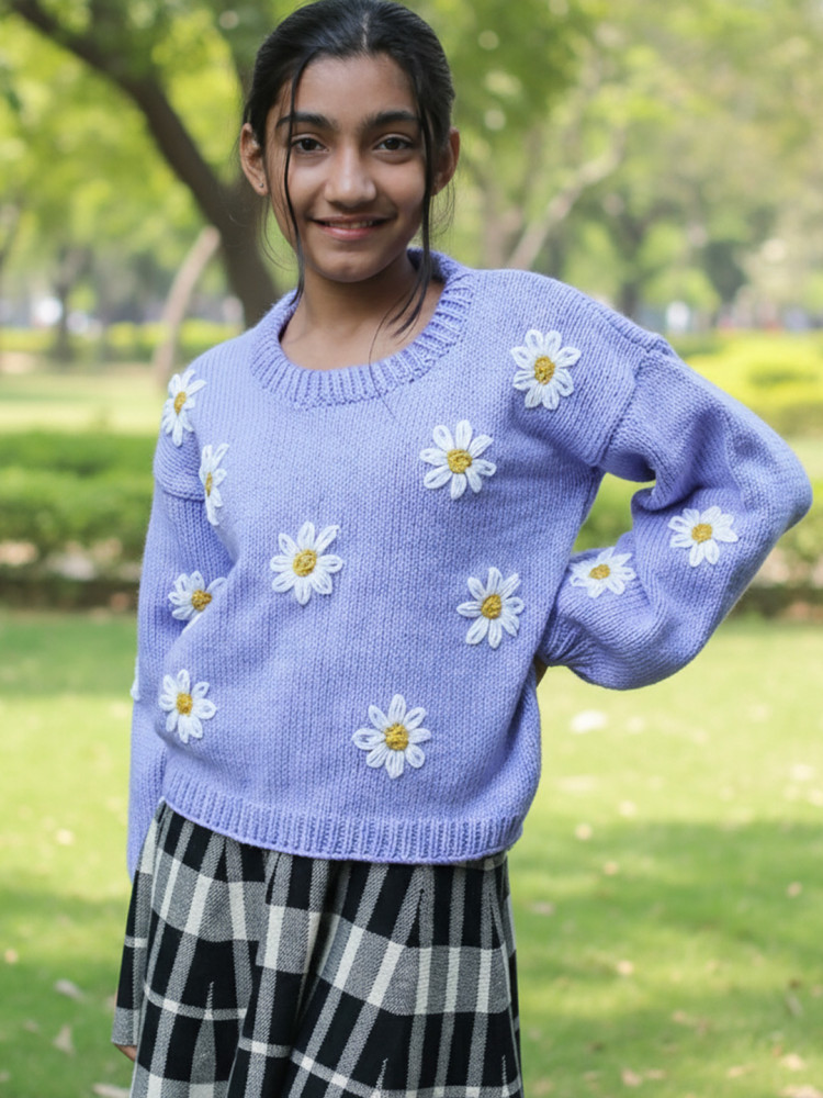 Image of Woonie Handknitted Full Sleeves Floral Embroidered Sweater - Purple