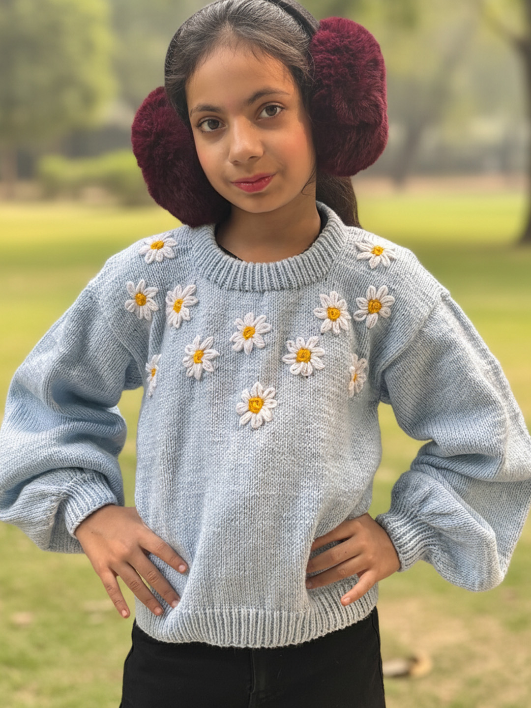 Woonie Handknitted Full Sleeves Floral Embroidered Sweater - Sky Blue
