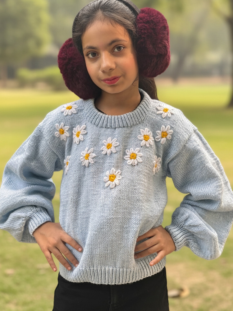 Image of Woonie Handknitted Full Sleeves Floral Embroidered Sweater - Sky Blue