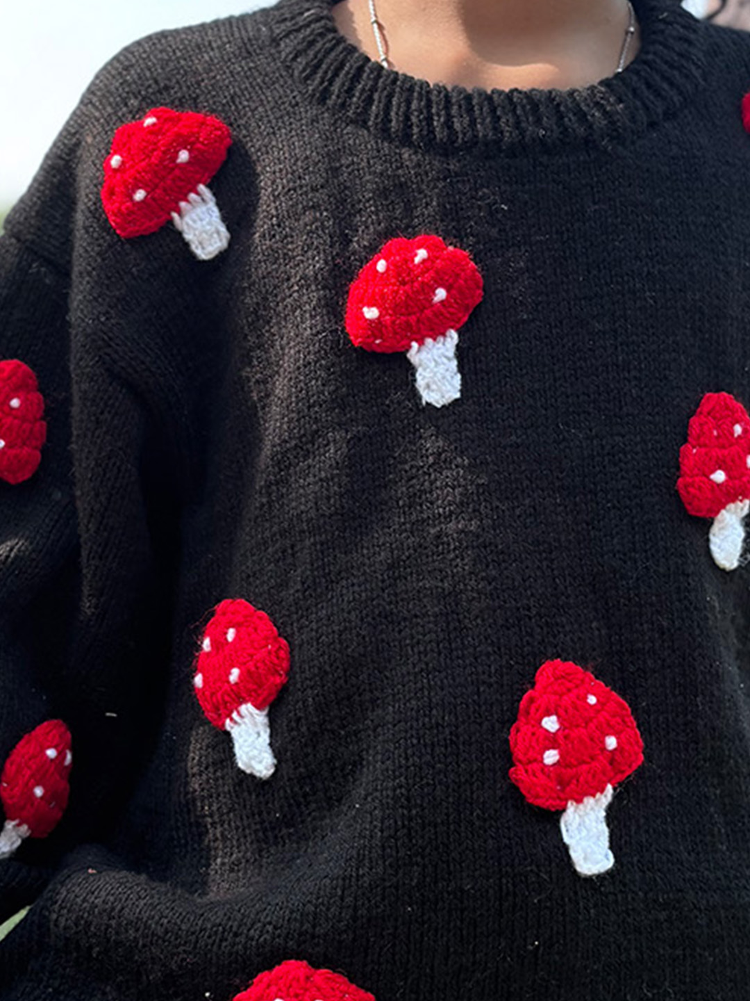 Woonie Handknitted Full Sleeves Mushroom Applique Detailed Sweater - Black