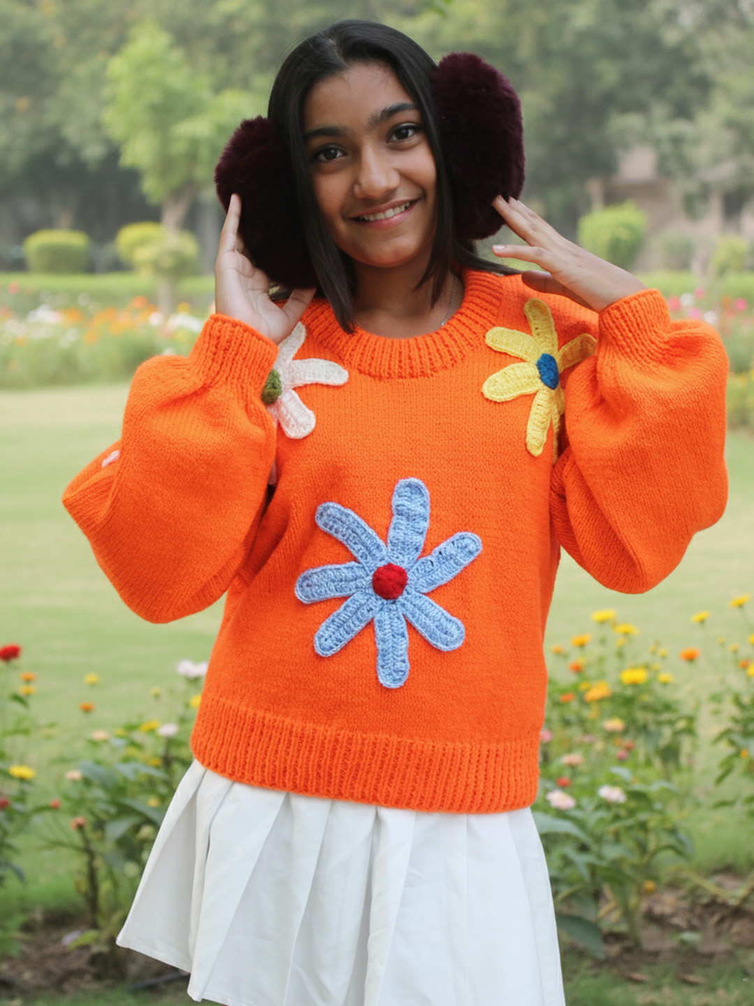 Woonie Handknitted Full Sleeves Floral Applique Detailed Sweater - Orange