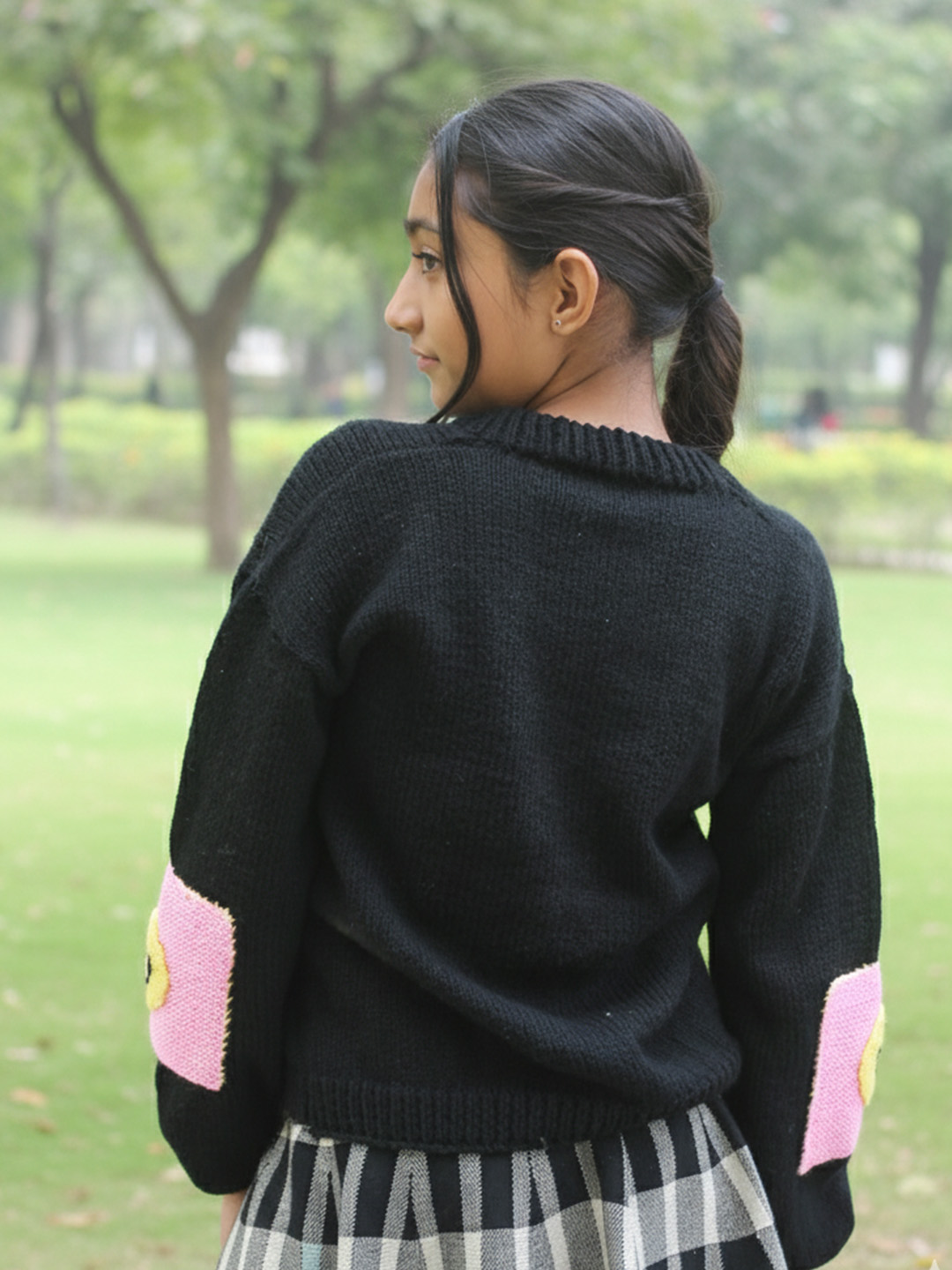Woonie Handknitted Full Sleeves Smiley Face Designed Sweater - Black