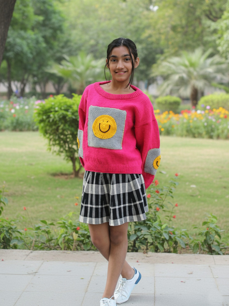 Image of Woonie Handknitted Full Sleeves Smiley Face Designed Sweater - Pink