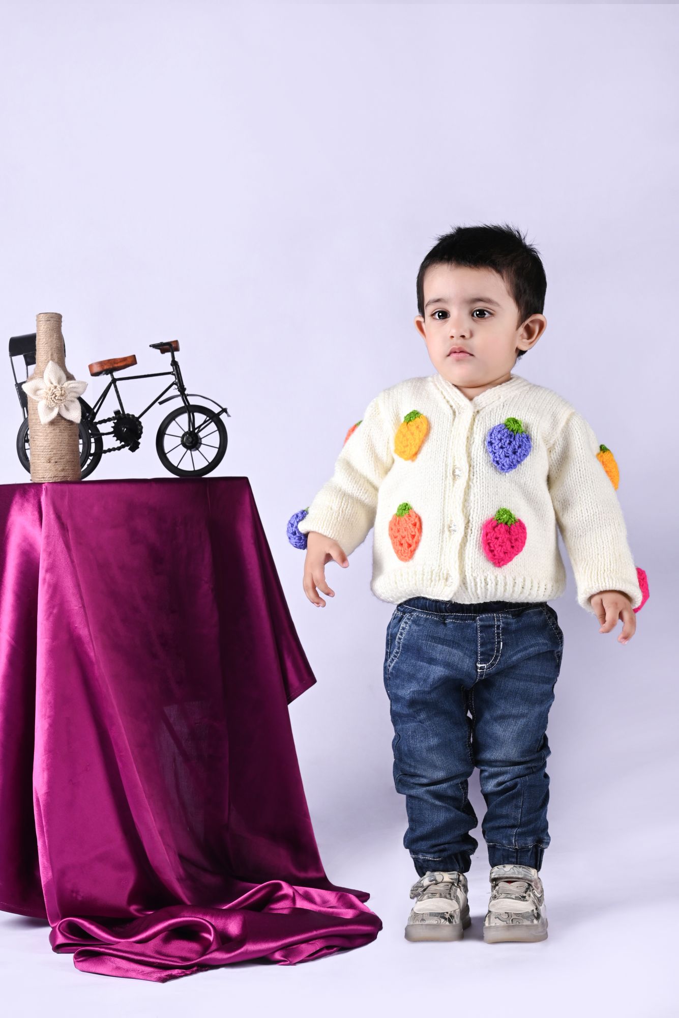 Woonie Handmade Full Sleeves Strawberry Patch Sweater - Off White