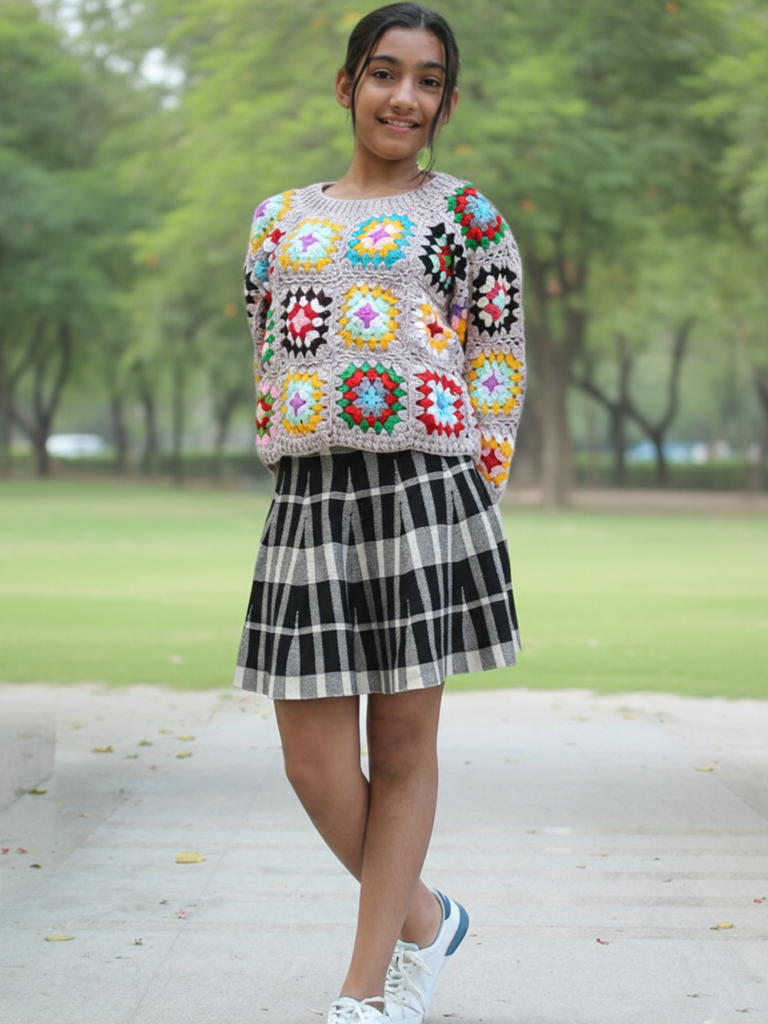 Woonie Handknitted Full Sleeves Granny Square Detailed Sweater - Beige