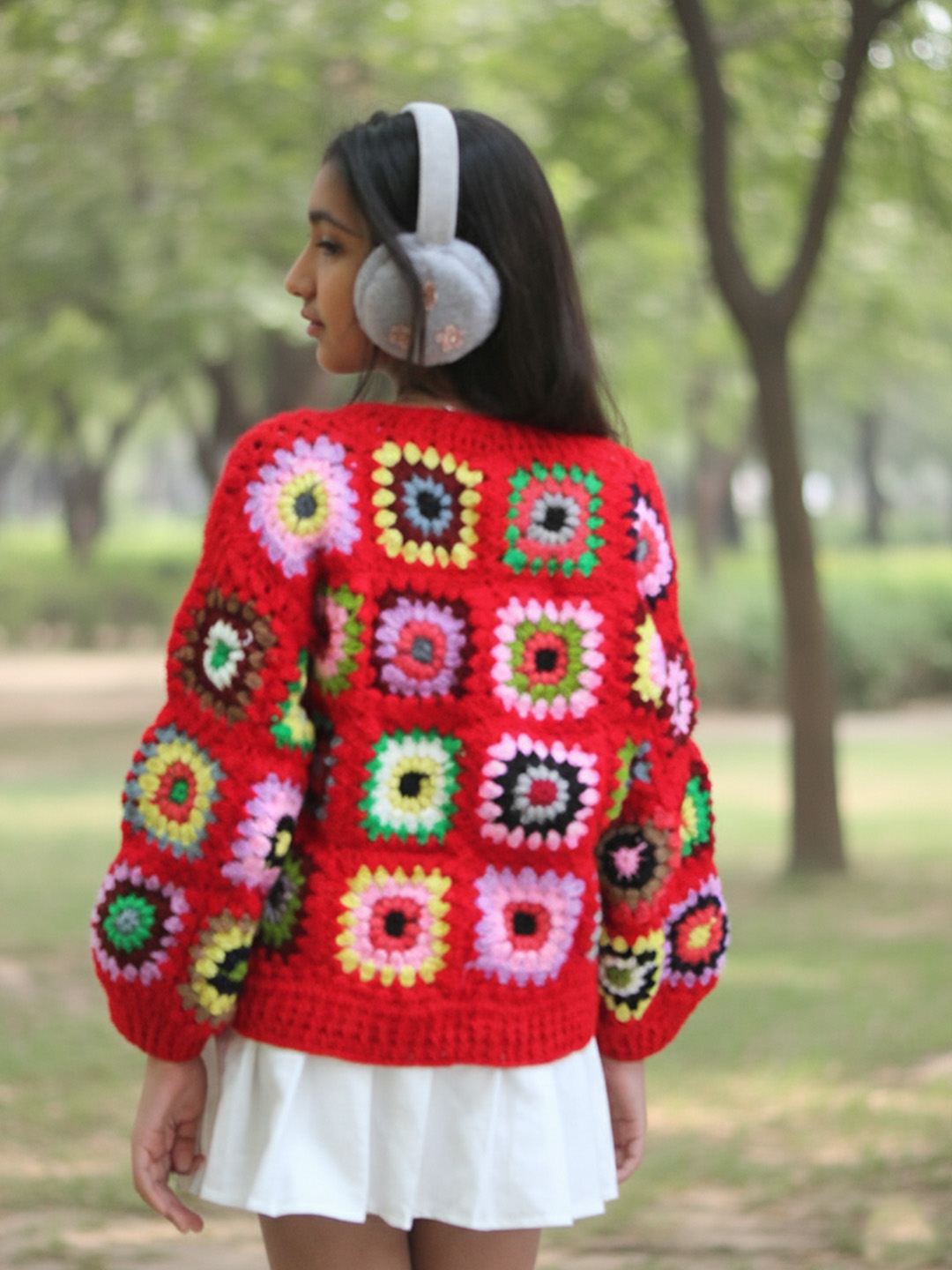 Woonie Handknitted Full Sleeves Granny Square Detailed Sweater - Red