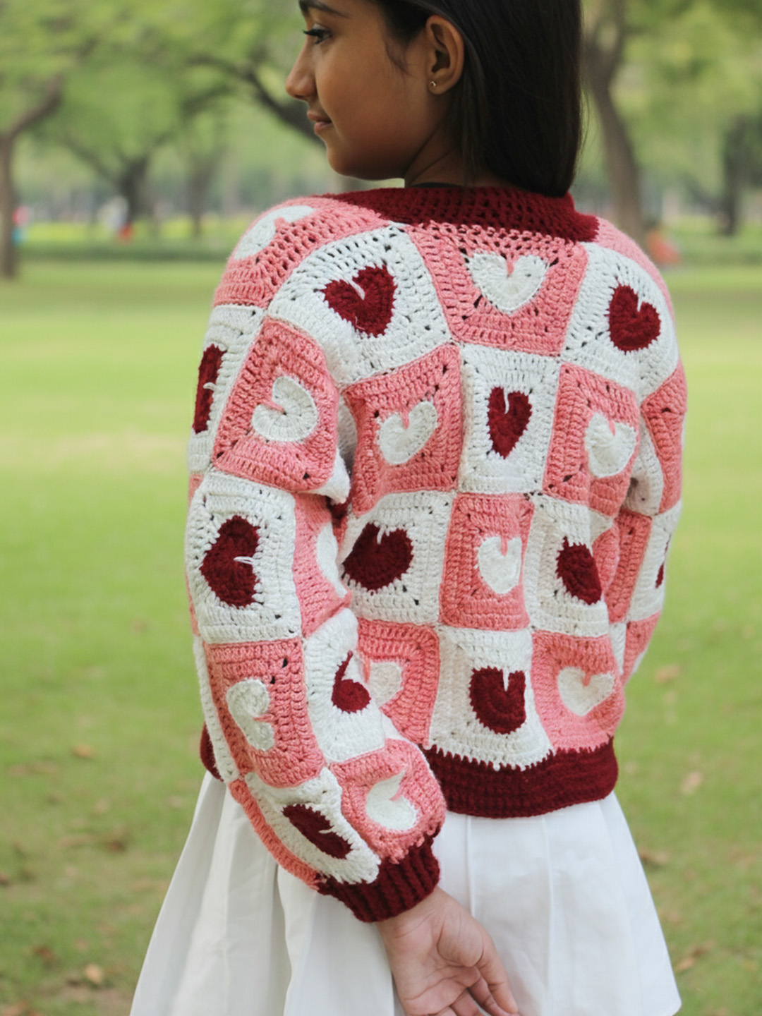 Woonie Handknitted Full Sleeves Granny Square Heart Designed Cardigan - Multicolor