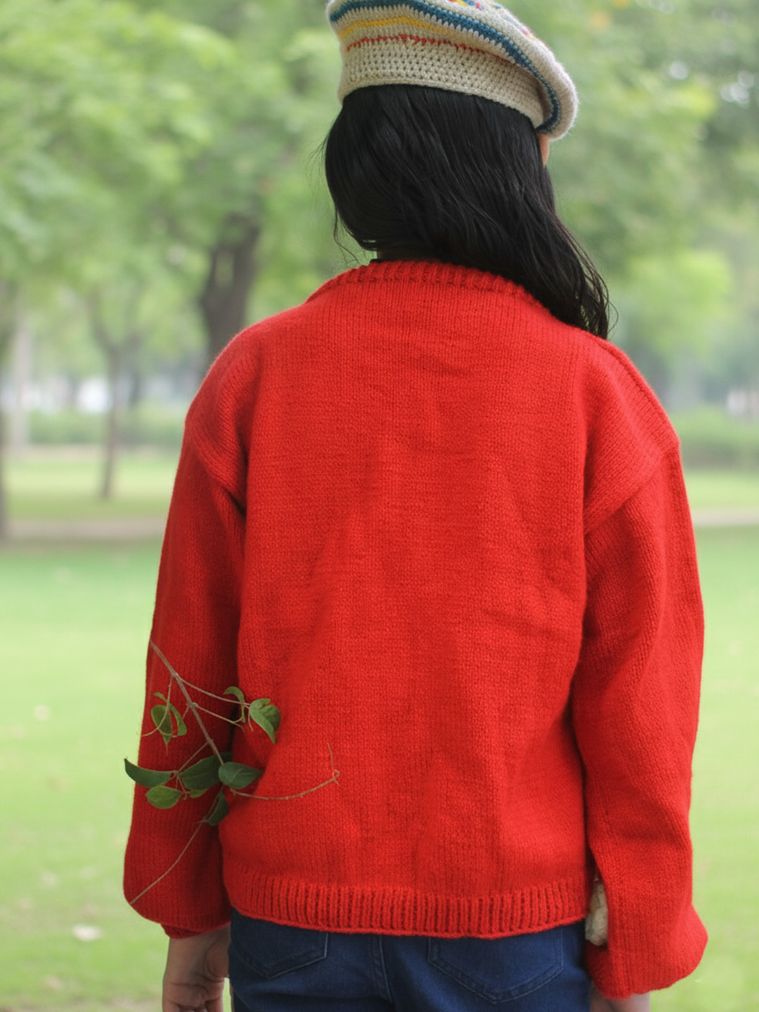 Woonie Handknitted Full Sleeves White Rose Detailed Sweater - Red