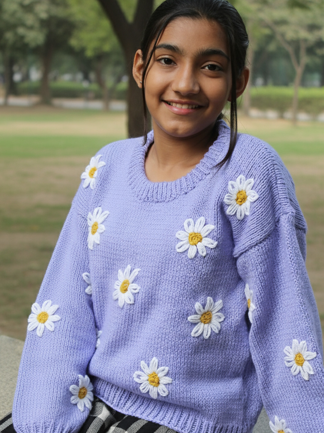 Woonie Handknitted Full Sleeves Floral Embroidered Sweater - Purple