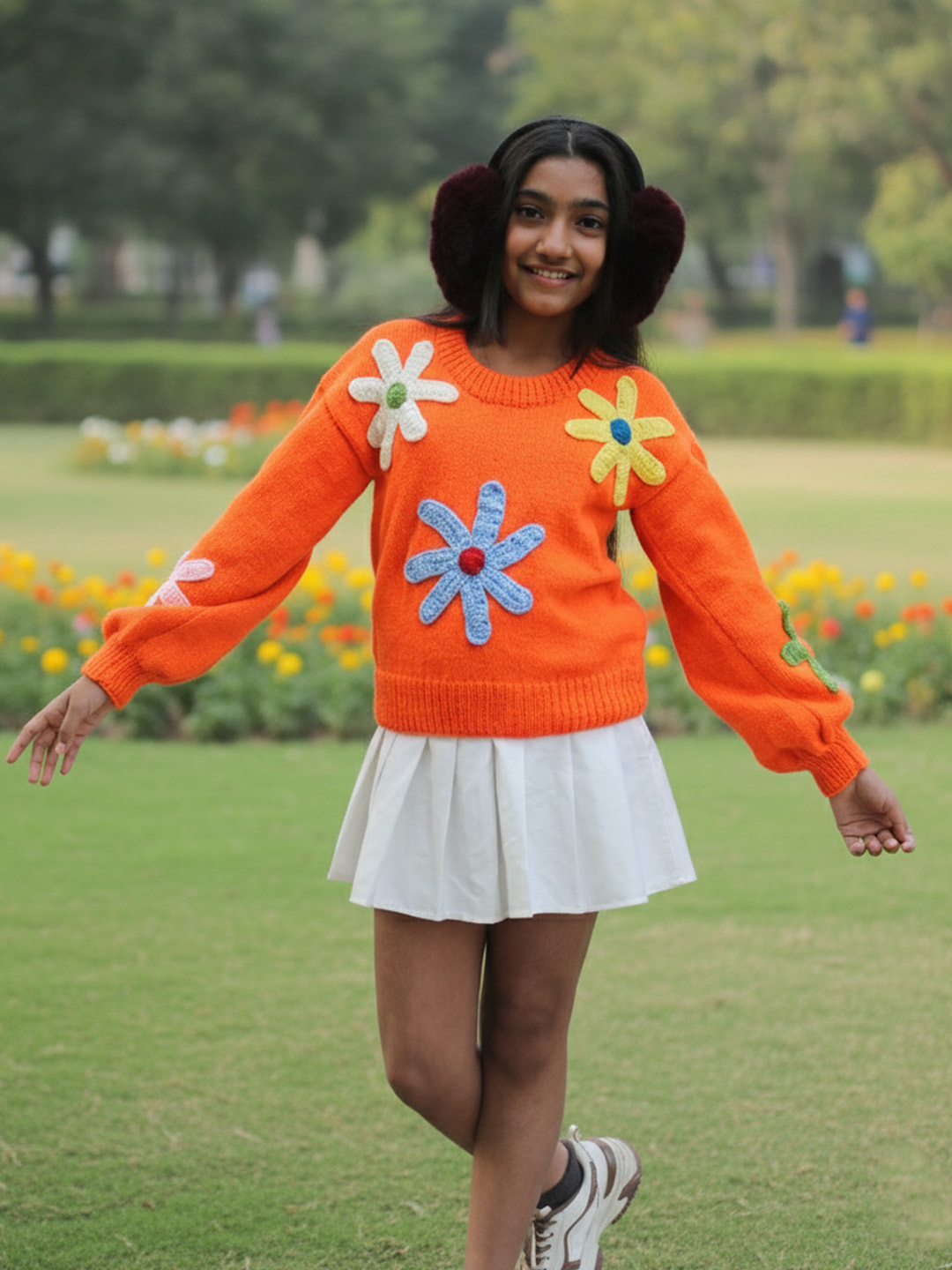 Woonie Handknitted Full Sleeves Floral Applique Detailed Sweater - Orange