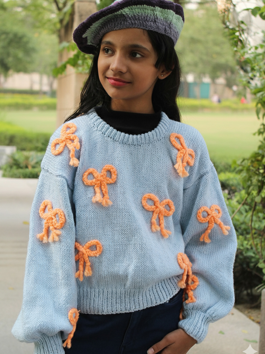 Woonie Orange Bow Pullover - Light Blue