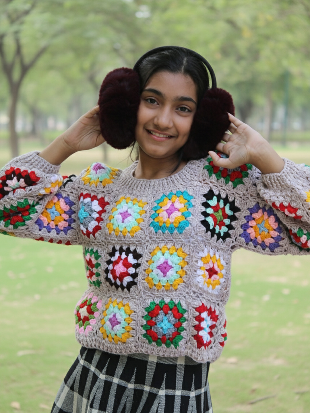 Woonie Handknitted Full Sleeves Granny Square Detailed Sweater - Beige