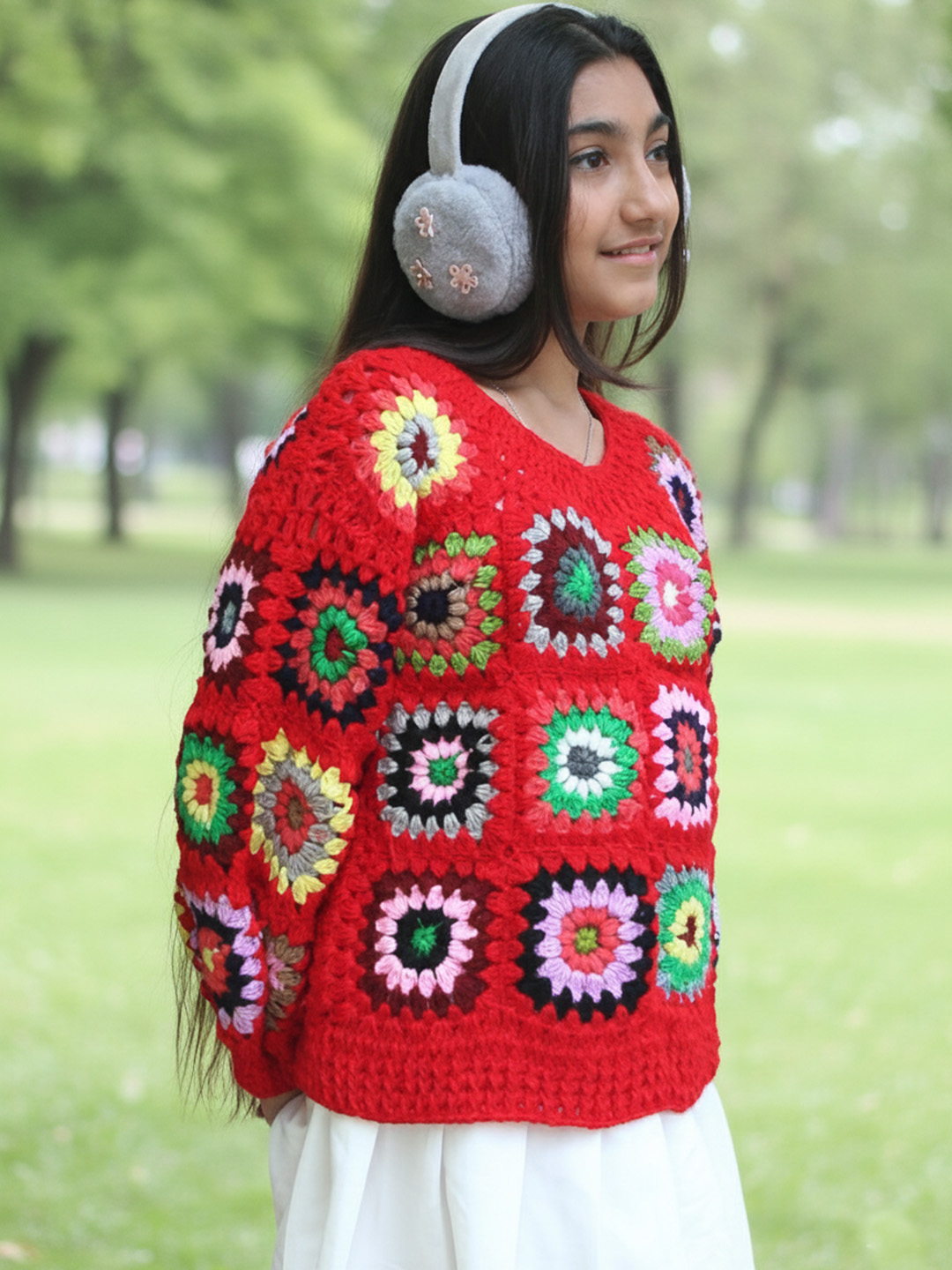 Woonie Handknitted Full Sleeves Granny Square Detailed Sweater - Red
