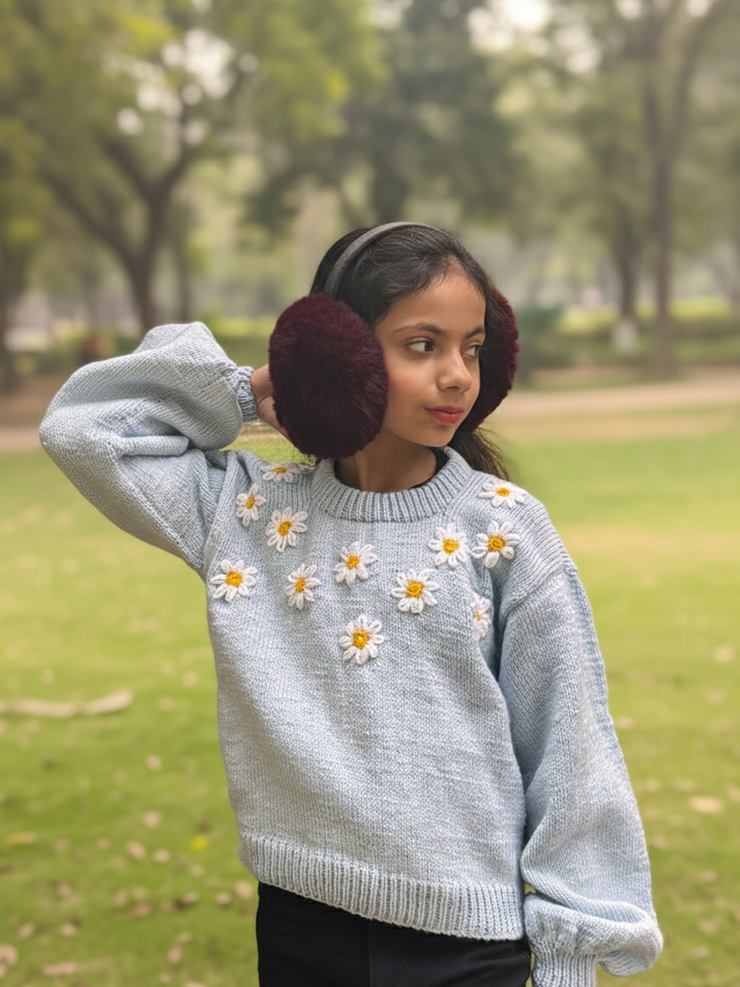 Woonie Handknitted Full Sleeves Floral Embroidered Sweater - Sky Blue