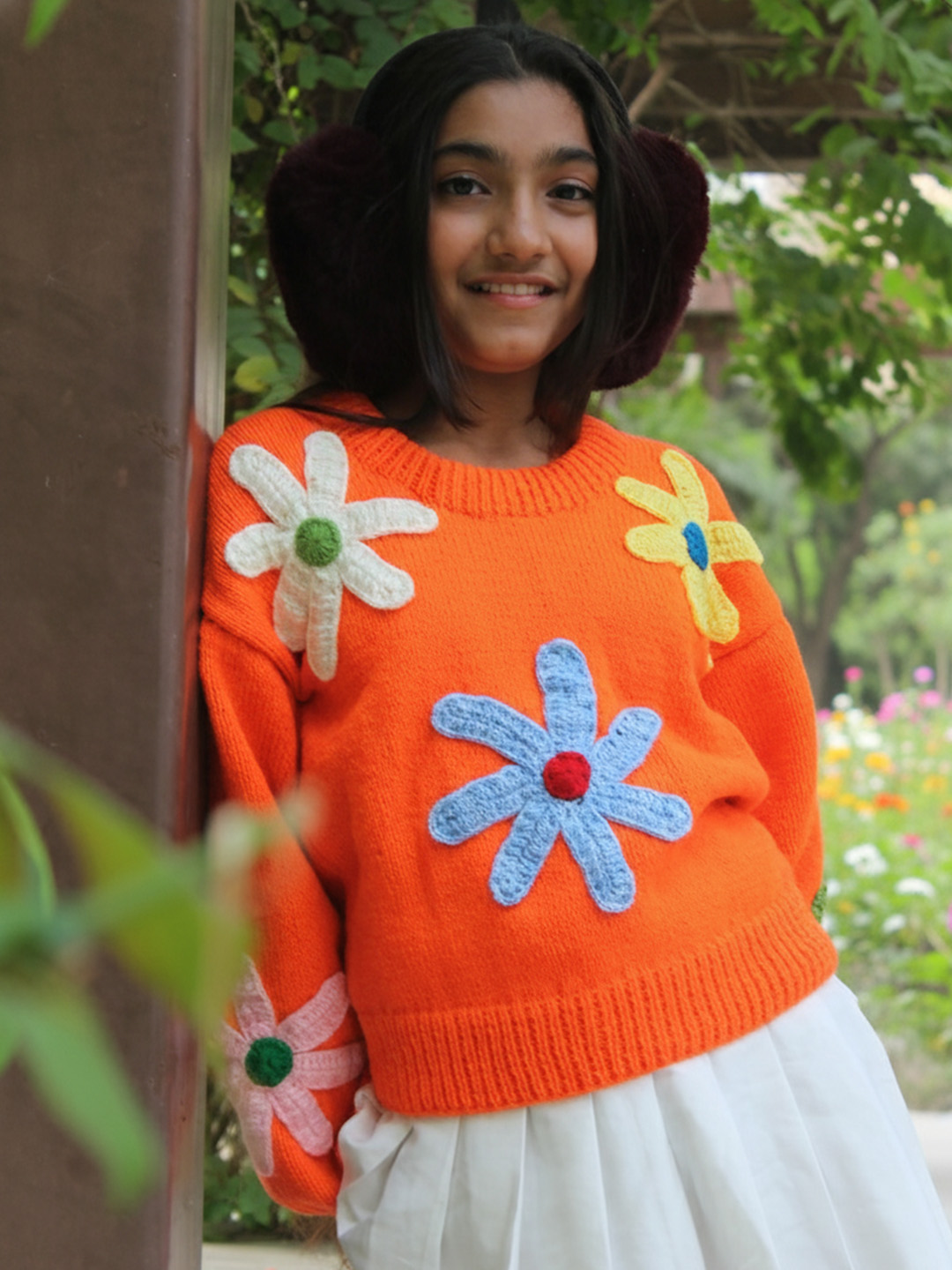 Woonie Handknitted Full Sleeves Floral Applique Detailed Sweater - Orange