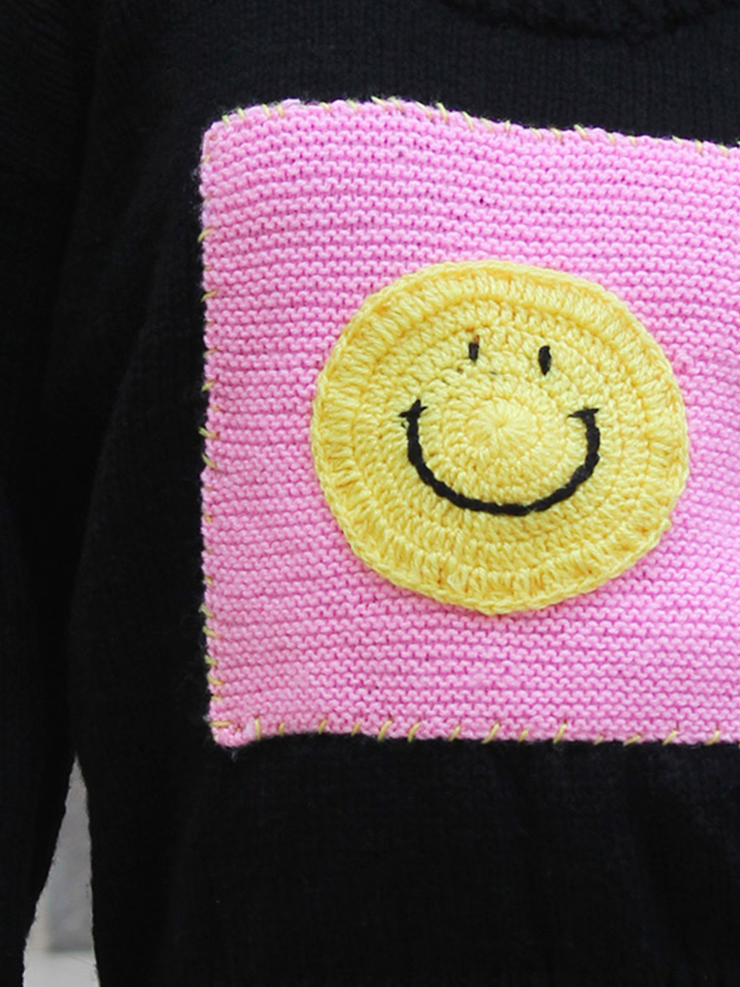 Woonie Handknitted Full Sleeves Smiley Face Designed Sweater - Black