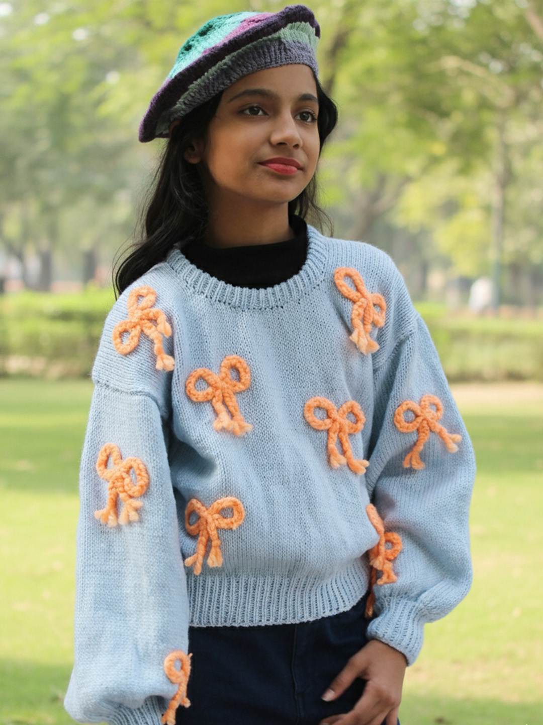 Woonie Orange Bow Pullover - Light Blue