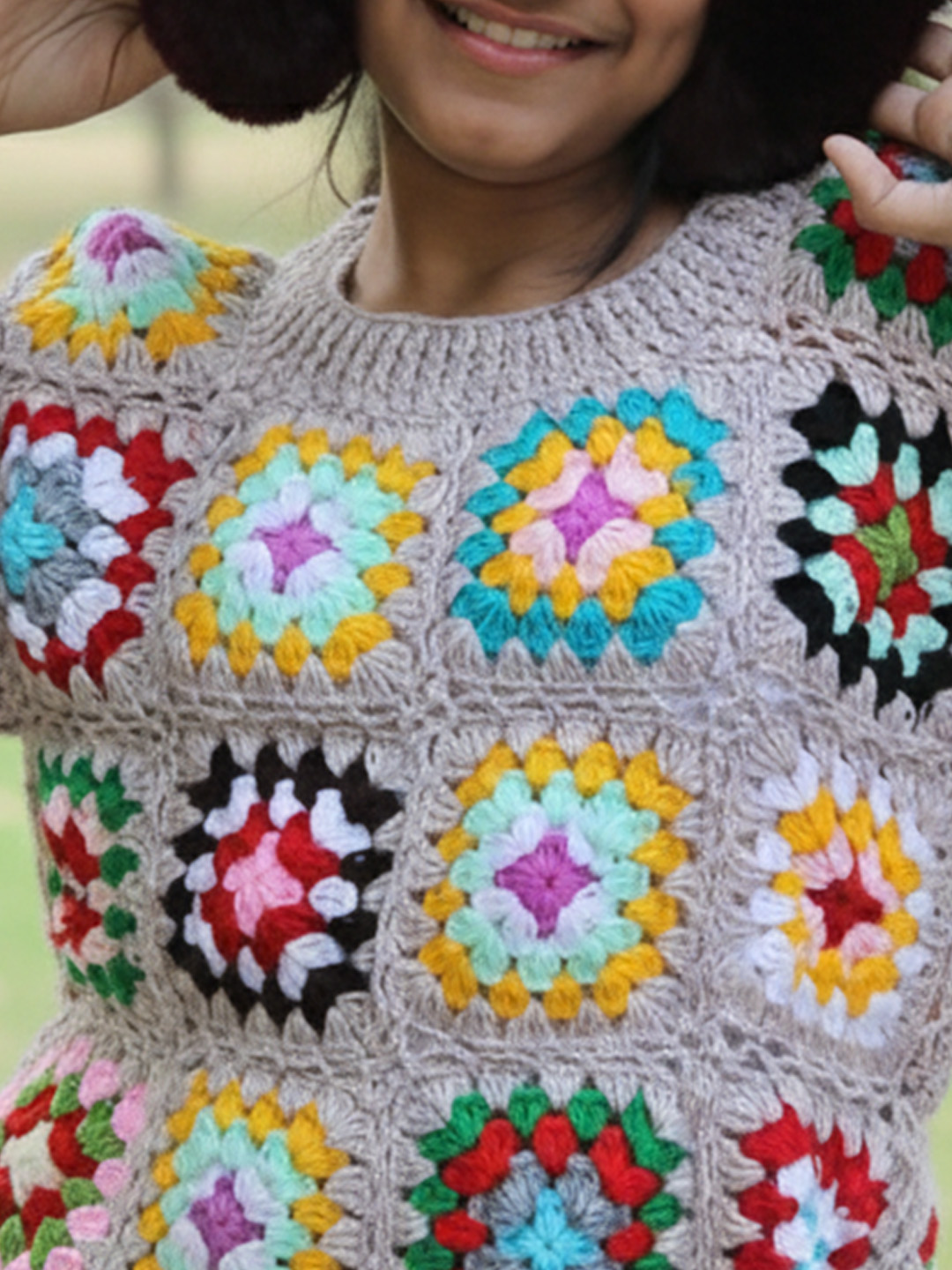 Woonie Handknitted Full Sleeves Granny Square Detailed Sweater - Beige