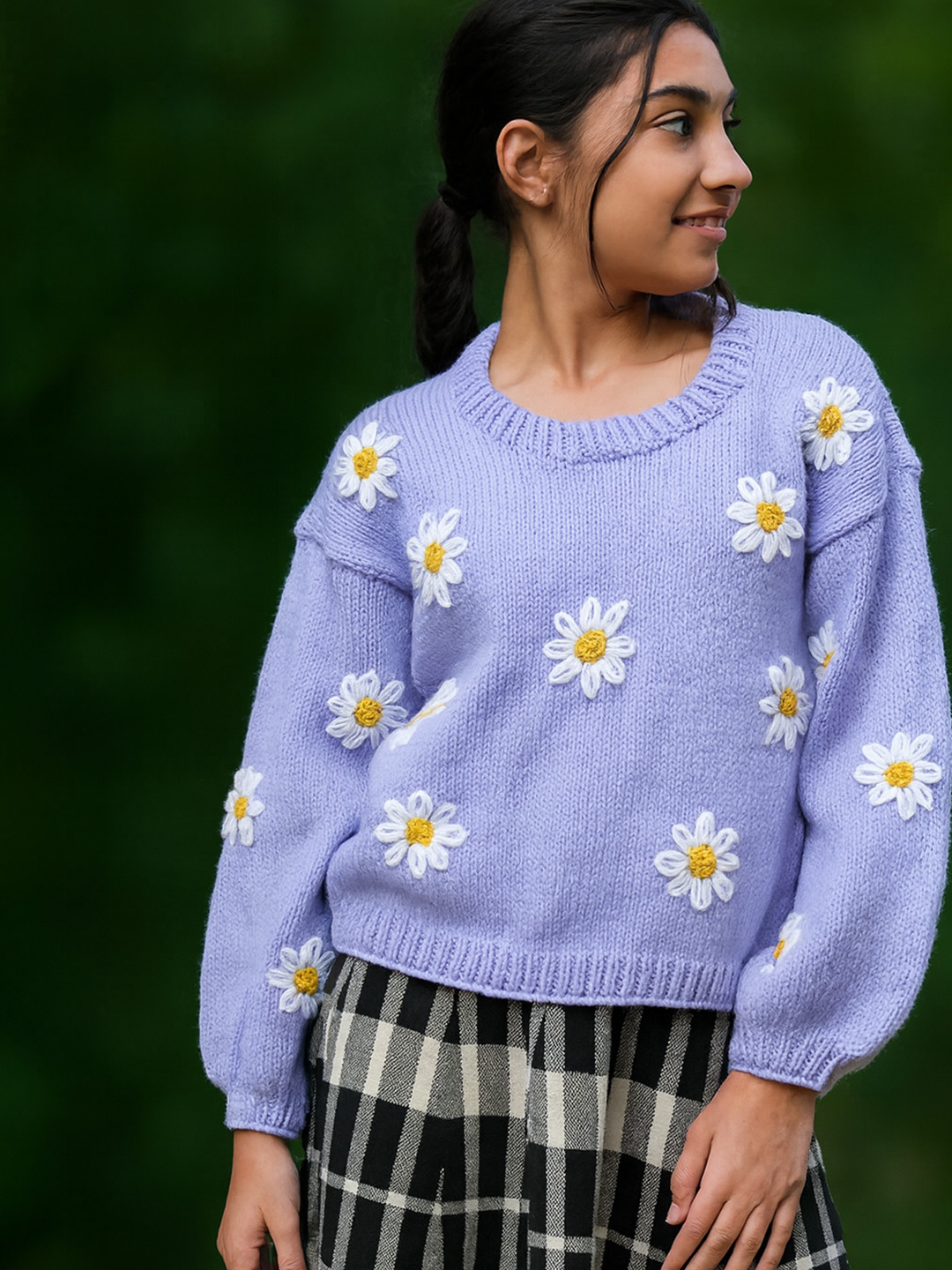 Woonie Handknitted Full Sleeves Floral Embroidered Sweater - Purple