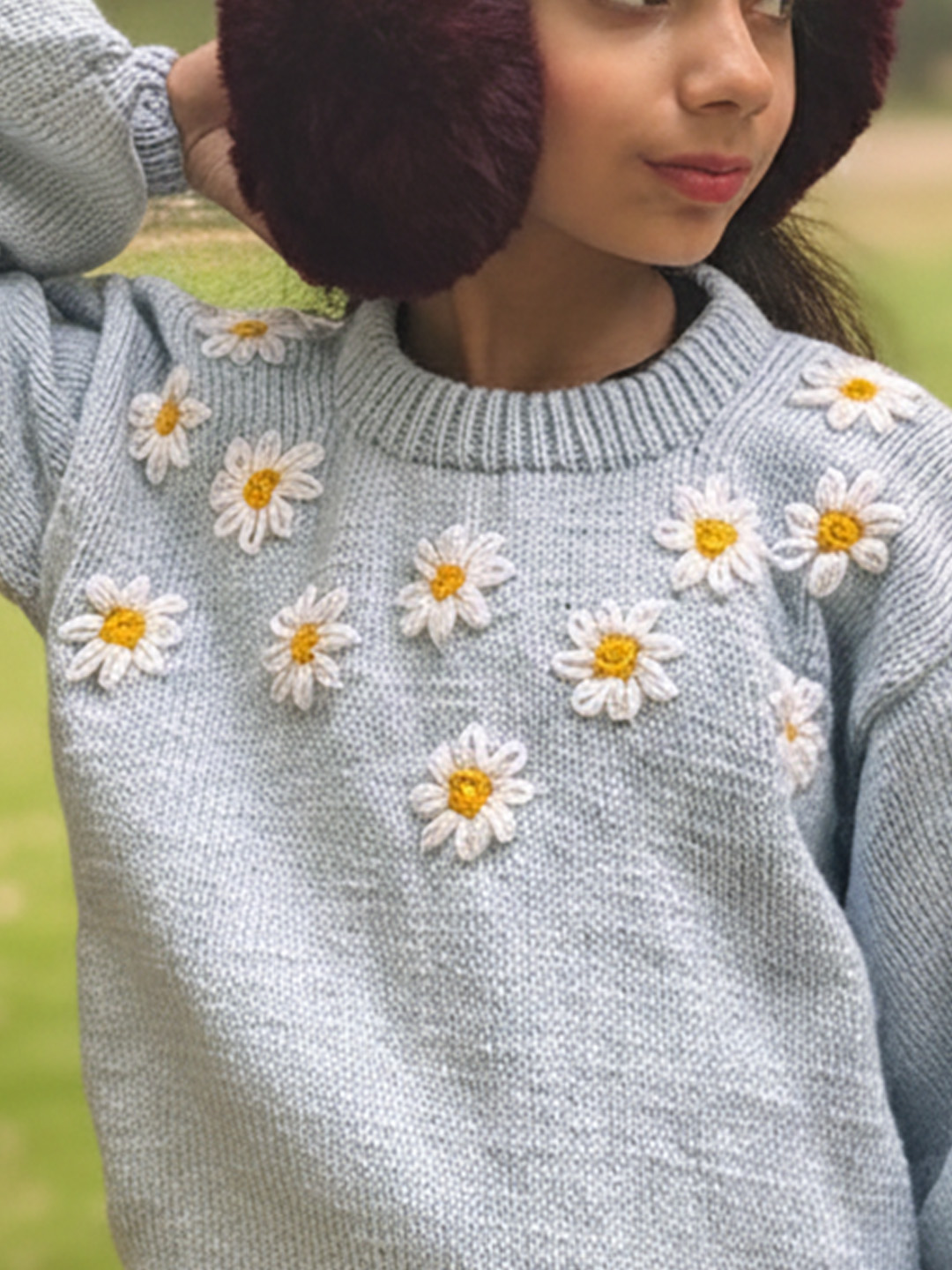 Woonie Handknitted Full Sleeves Floral Embroidered Sweater - Sky Blue