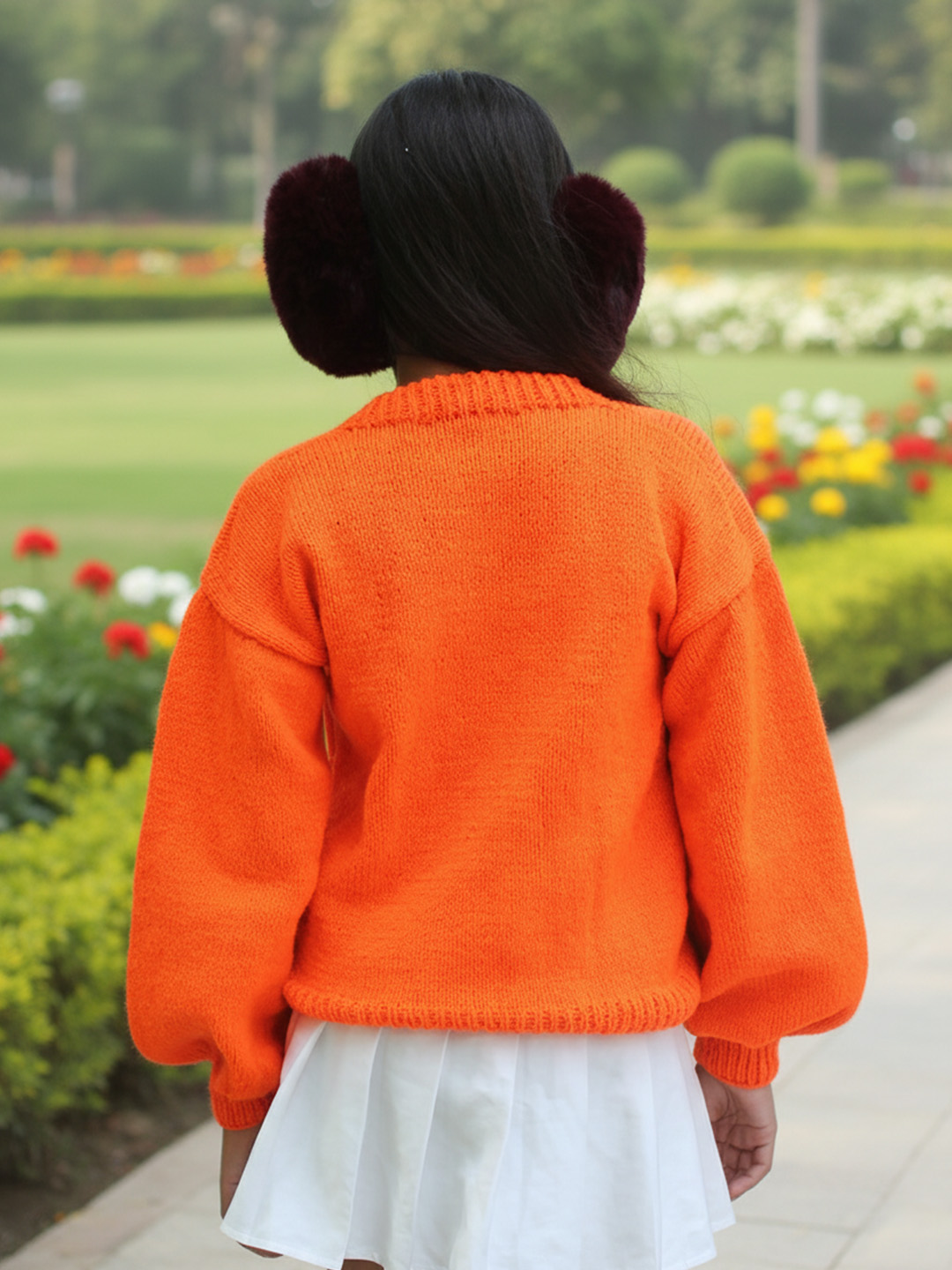 Woonie Handknitted Full Sleeves Floral Applique Detailed Sweater - Orange