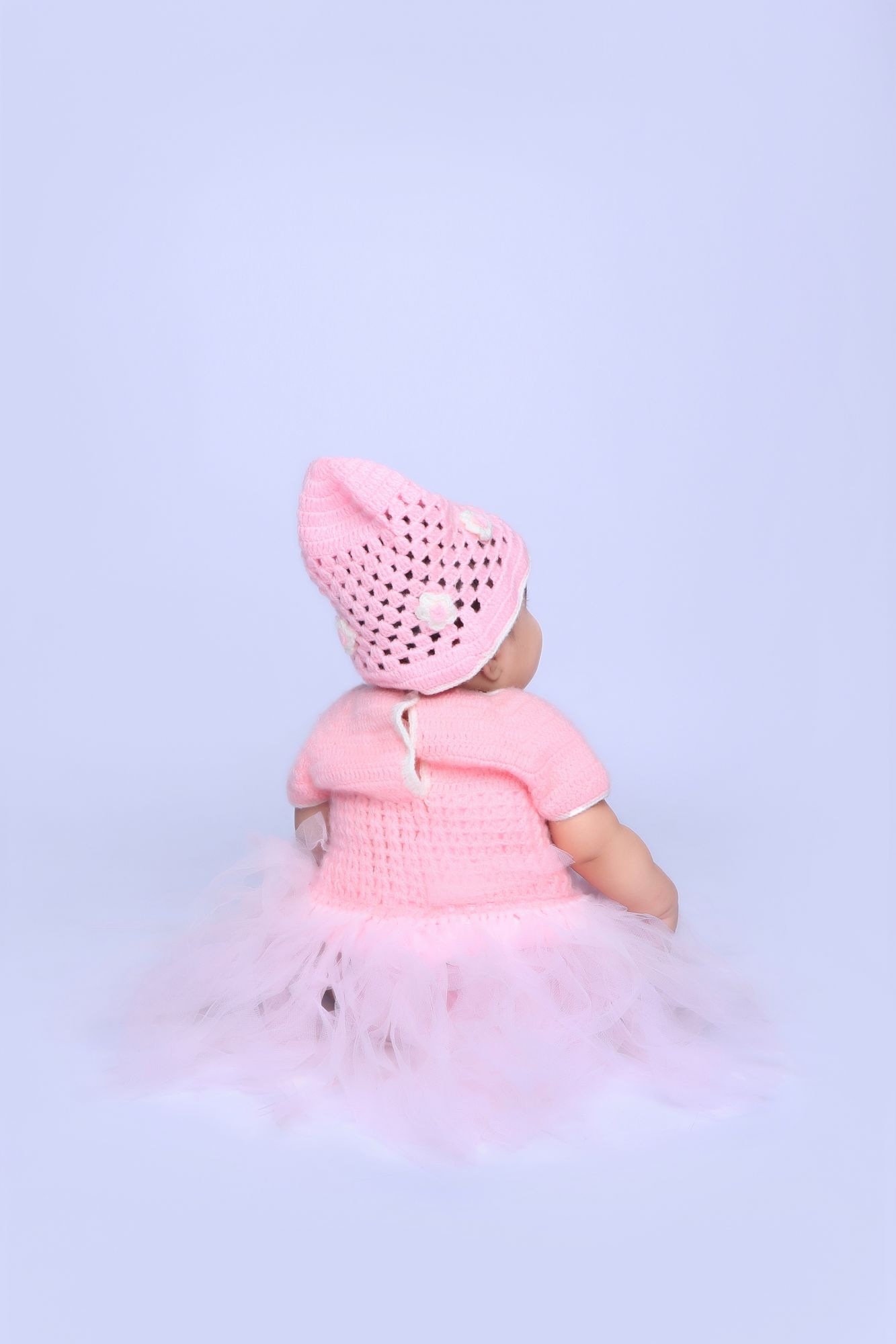 Woonie Solid Colour Handmade Short Sleeves Dress With Cap & Booties - Pink