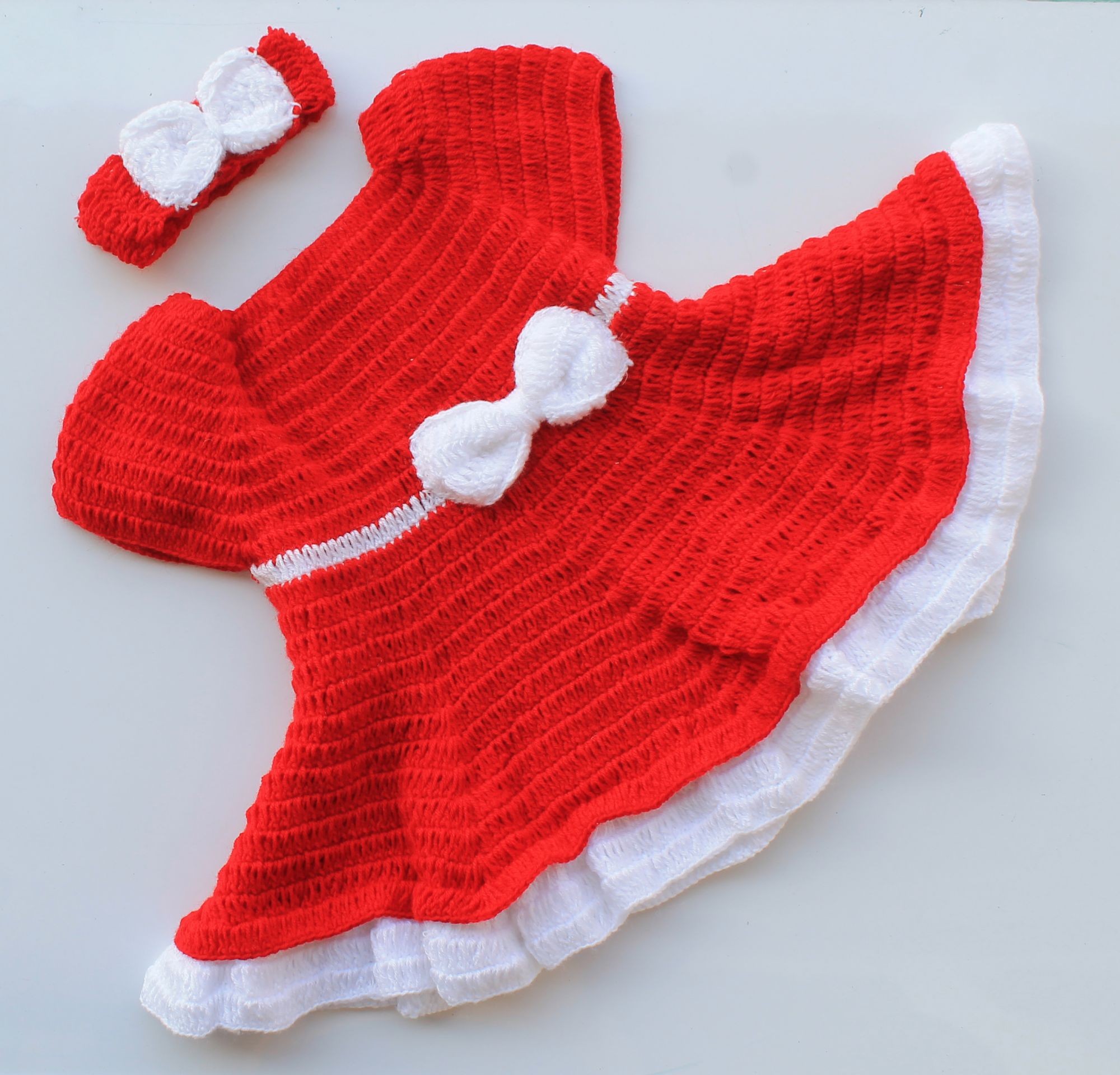 Red and White Heavy Frill Frock with Headband
